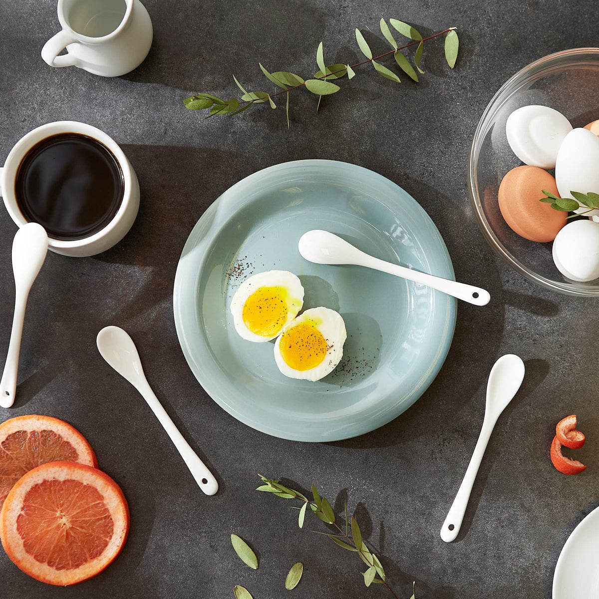 RSVP International Poached Egg Spoon, 4 Piece Set Multipurpose Use for Serving Jam, Honey or Soft Boiled Eggs, 5.5" Length, White Porcelain