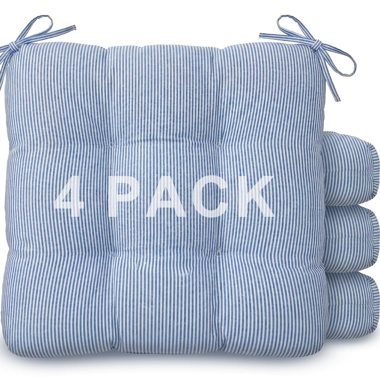 Geetery Blue and White 4 Pack Ticking Stripe Chair Cushions with Ties, 16"x15" Reversible Indoor Chair Pads for Dining Chairs, Soft Kitchen Seat Cushions for Home Office Living Room