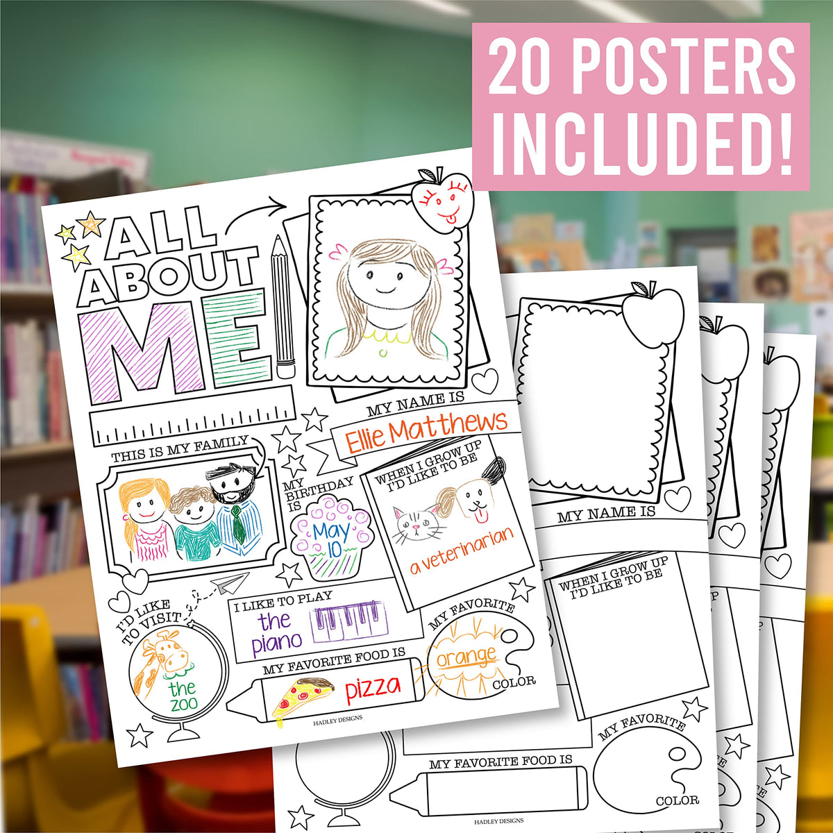 Hadley Designs All About Me Posters for Classroom Must Haves - 20 Star Student Poster, 100 Days of School Items, Star of The Week Poster Elementary Classroom Decor, End of School Year Teacher Supplies