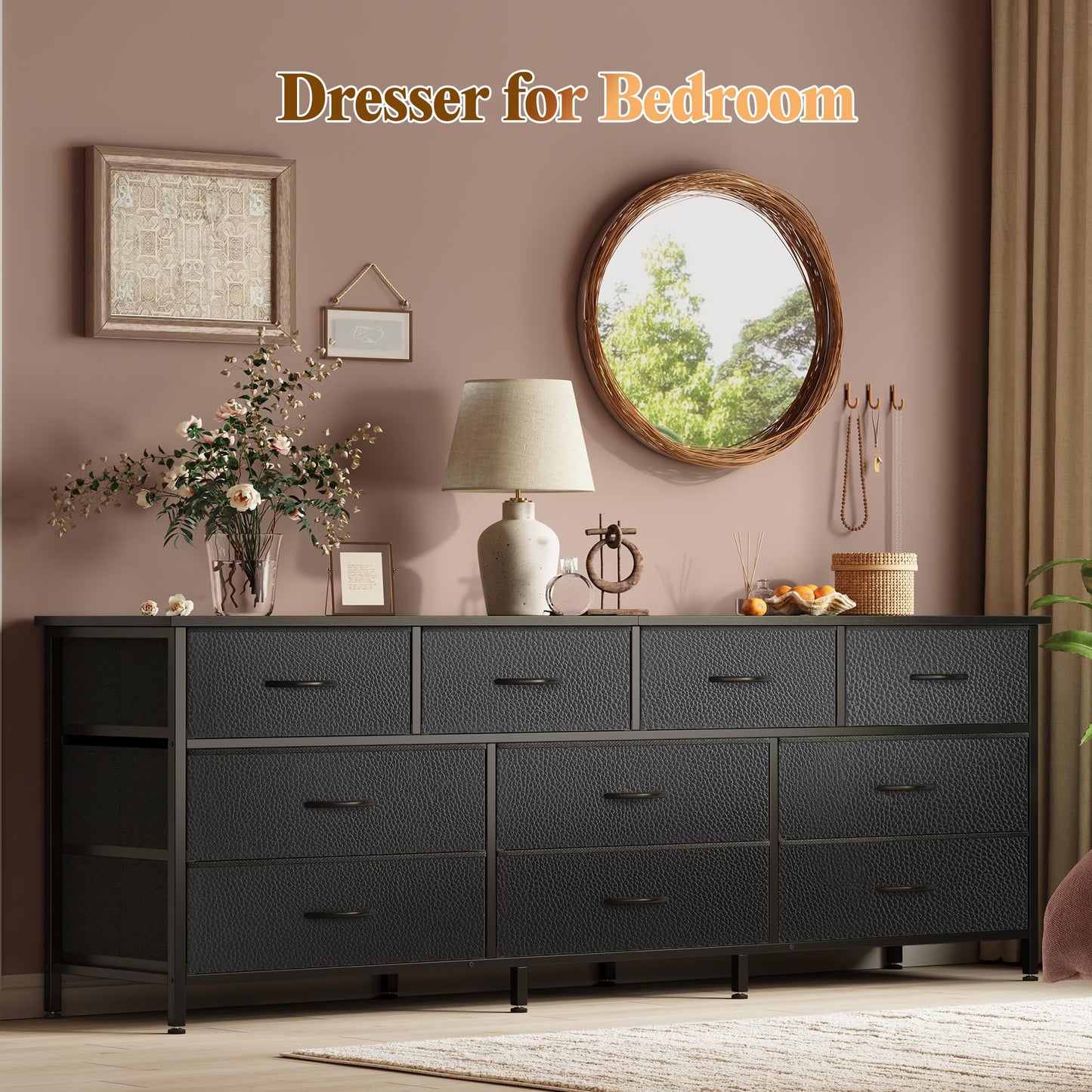 Huuger 63 Inch Dresser for Bedroom, Long Dresser with 10 Fabric Drawers, TV Stand for 55, 65, 70 Inch TV, Toy Storage Organizer for Closet, Black