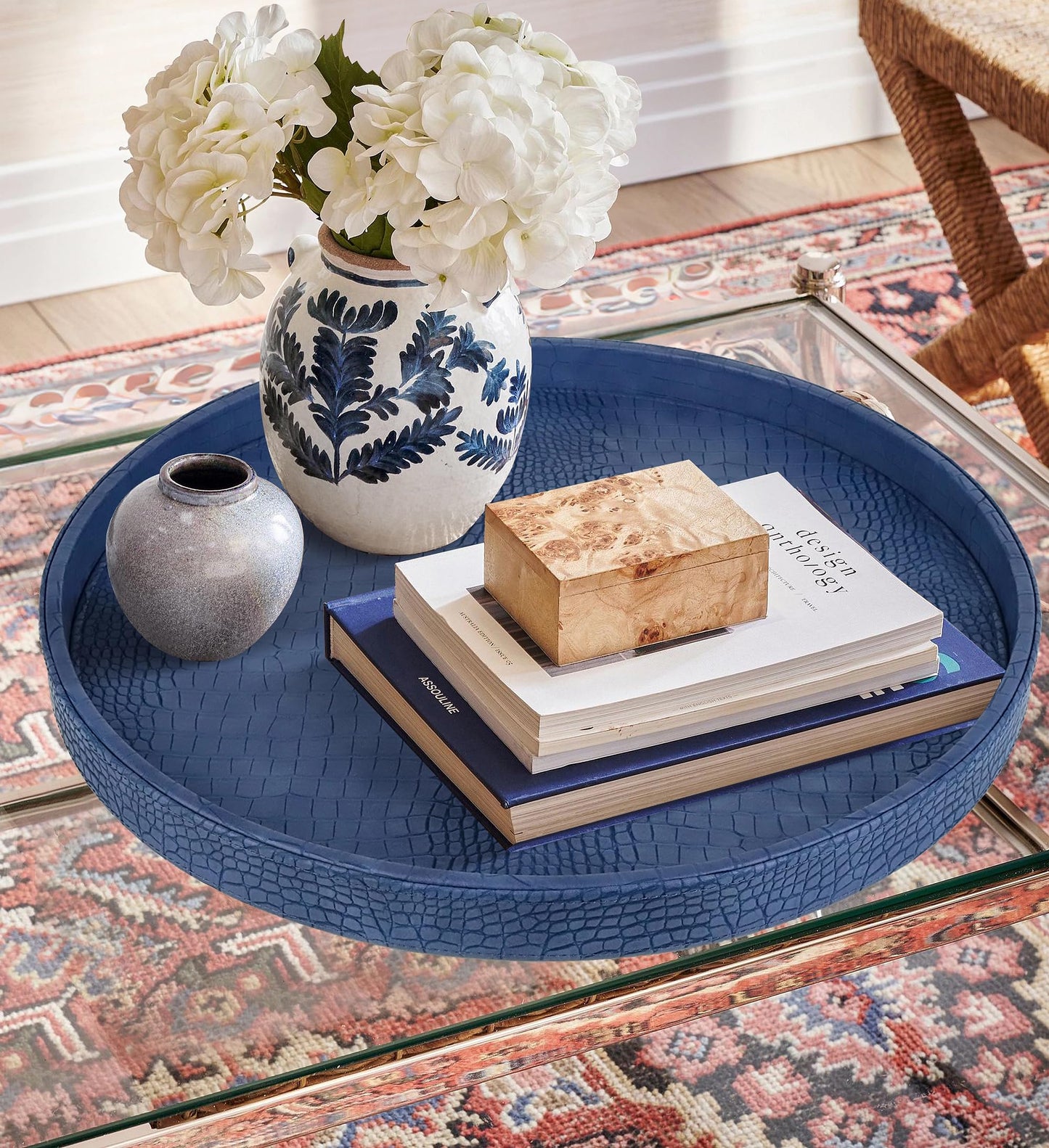 HofferRuffer Round Serving Tray 20'', Elegant Faux Leather Circle Ottoman Table Tray, Serve Tea Coffee Breakfast in Bedroom Living Room Kitchen (Blue, 20")