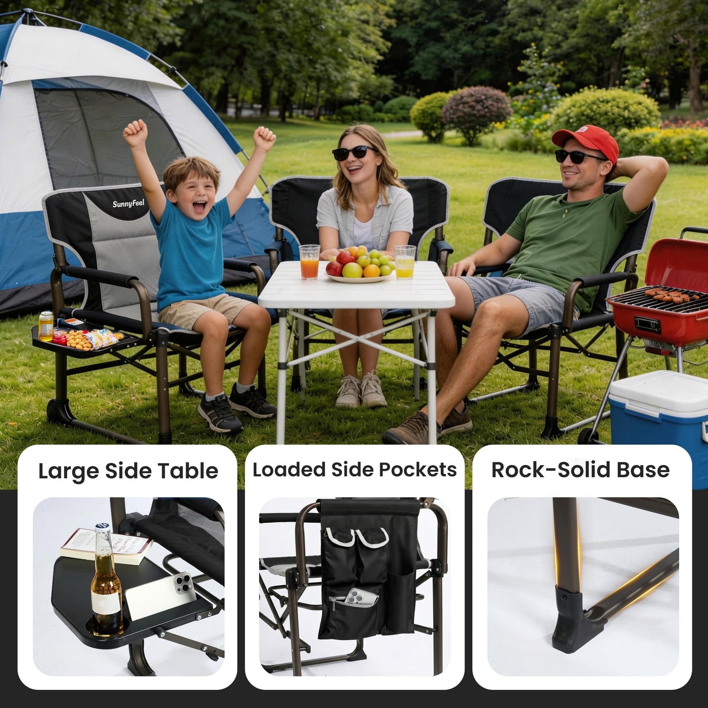 SUNNYFEEL Oversized Camping Directors Chair 2 Pack Portable Foldable Camp Chair for Adults Support 600lbs with Side Pocket and Side Table for Beach, Fishing, Trip, Picnic, Lawn, Outdoor Black