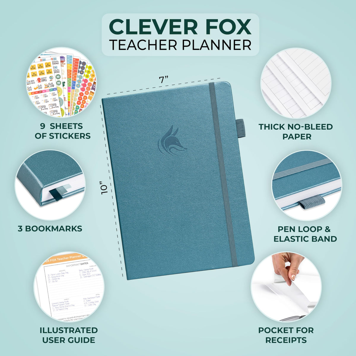 Clever Fox Teacher Planner – School Year Planner with Calendars & Lesson Plans – Teacher Plan Book for Classroom & Homeschool Organization - Undated, 7x10″, Hardcover (Aquamarine)