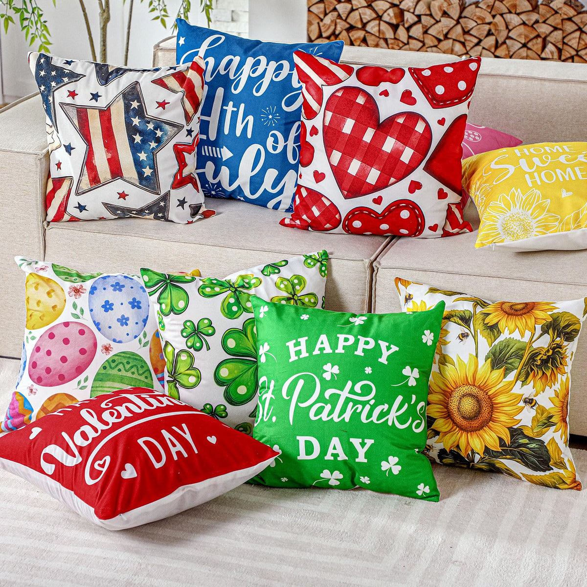 Mindsoft 20 Pcs Holiday Pillow Covers 18 x 18 Summer Pillow Cover 4th of July Fall Pillowcase Decorative Seasonal Cushion Case for Farmhouse Home Sofa(Holiday)