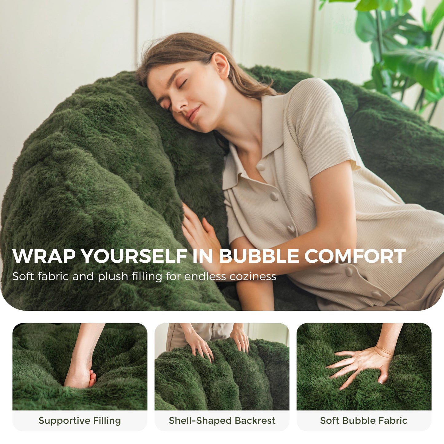 MAXYOYO Giant Bean Bag Chair for Adults, Stuffed Shell-Shaped Large Bean Bag Couch, Cozy Living Room Chair with Filler, Floor Sofa Lazy Sofa for Bedroom Living Room, Green, Standard