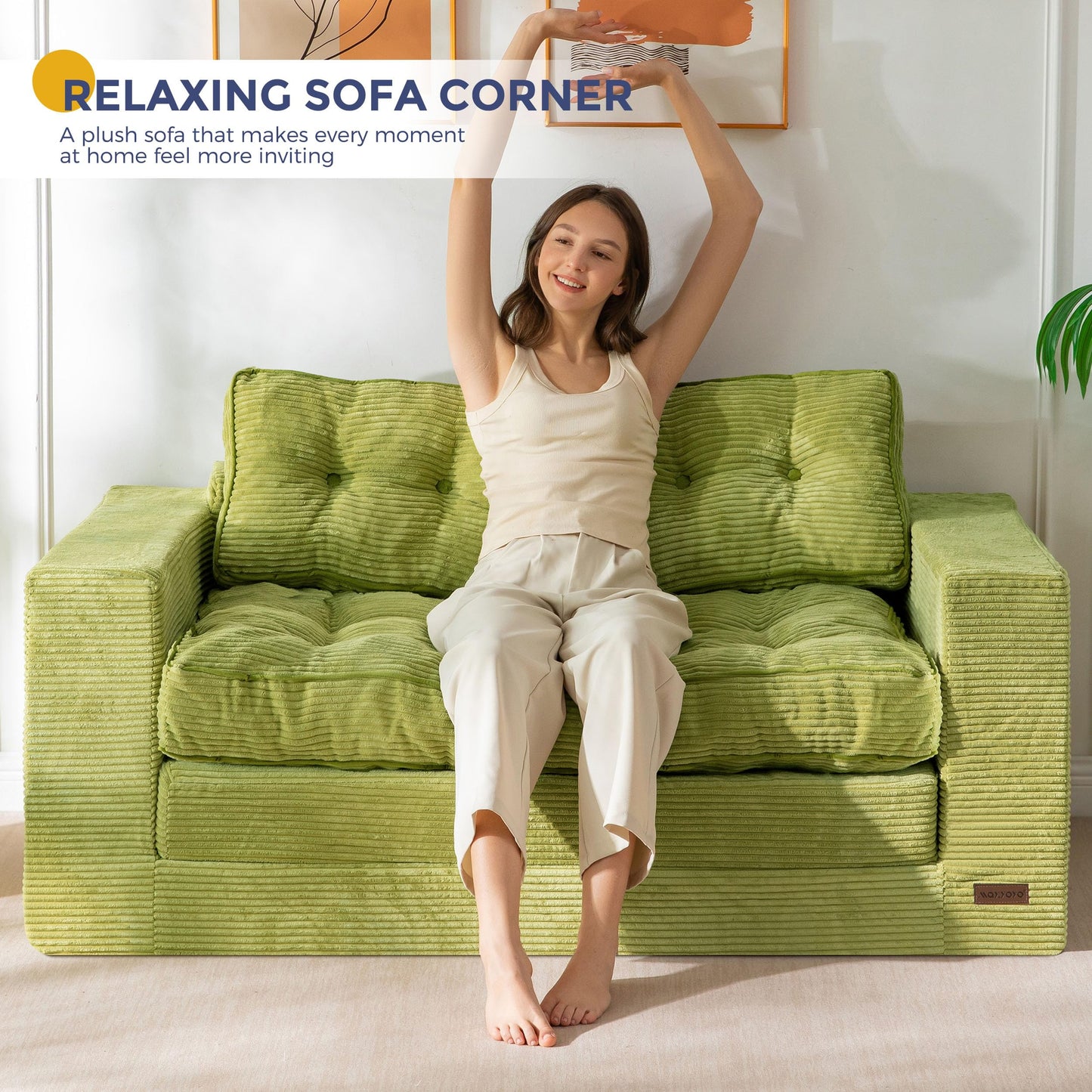 MAXYOYO Convertible Sofa Bed, Pull Out Loveseat Sofa Couch, 2 in 1 Folding Couch Bed, Fold Out Floor Couch with Pillows for Living Room Bedroom Lounge, Green