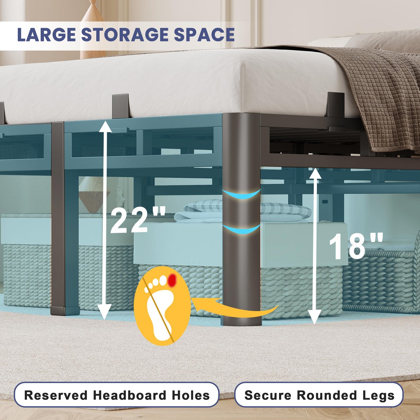 Anyroom 22 Inch King Bed Frame, Double Layer Heavy Duty Metal Platform 4000 lbs Capacity, Bed Frames with Headboard Holes, Round Corner Legs, Mattress Slide Stopper, Easy Assembly