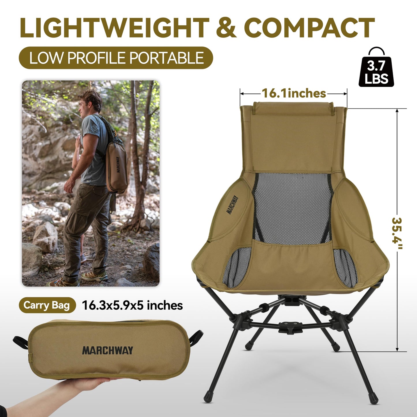MARCHWAY Lightweight Folding High Back Camping Chair with Head Support, Stable Portable Compact for Outdoor Camp, Travel, Beach, Picnic, Festival, Hiking, Backpacking (Highback Khaki)