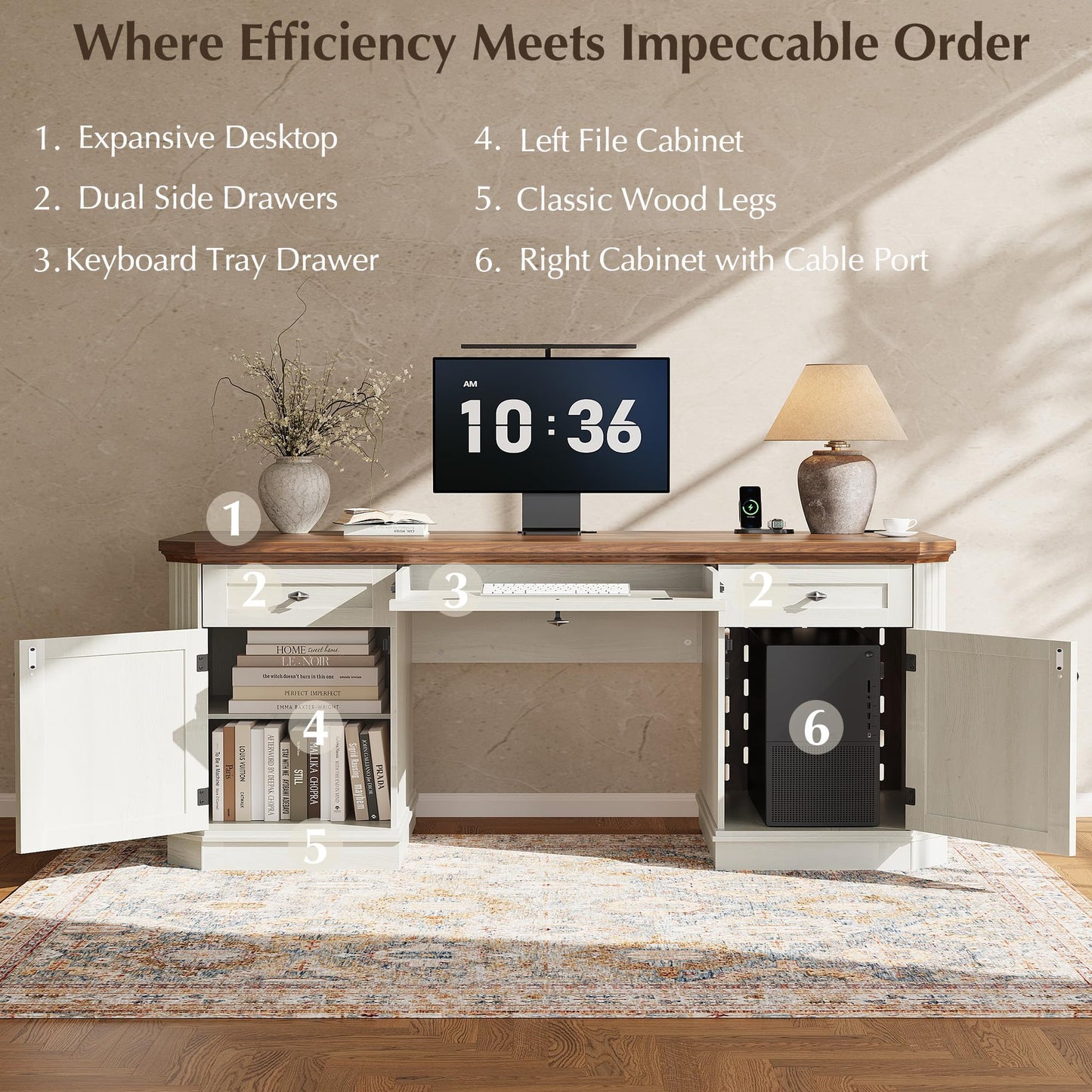 AMBERHAUS 59" Classic Executive Desk with Storage, Victorian Executive Desk with Charging Station, Keyboard Tray, 3 Drawers & Cabinet Storage & Pedestal, Easy Assembly, White