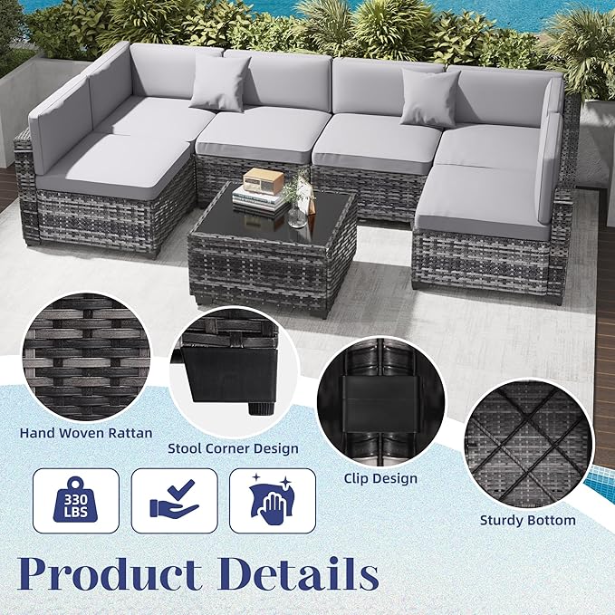 KIGOTY Patio Furniture Set, 14 Pieces Modular Outdoor Sectional Sofa, PE Rattan