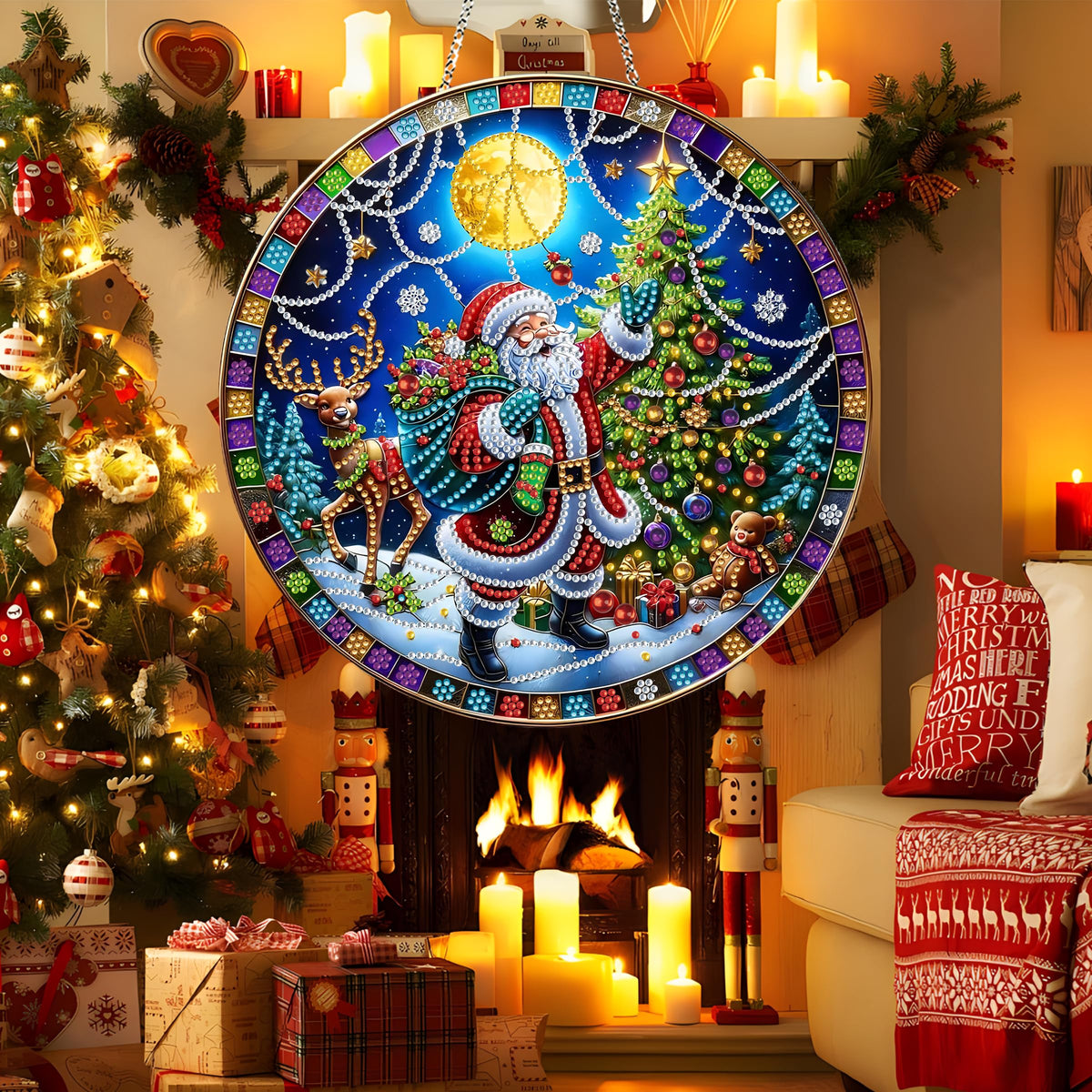 DIY Diamond Art Painting Wreath Kits，Special Shaped Rhinestone Hanging Ornament Diamond Art Window Pendants for Gift Home Garden Wall Hanging Kits,Double Sided (Santa Claus-1)