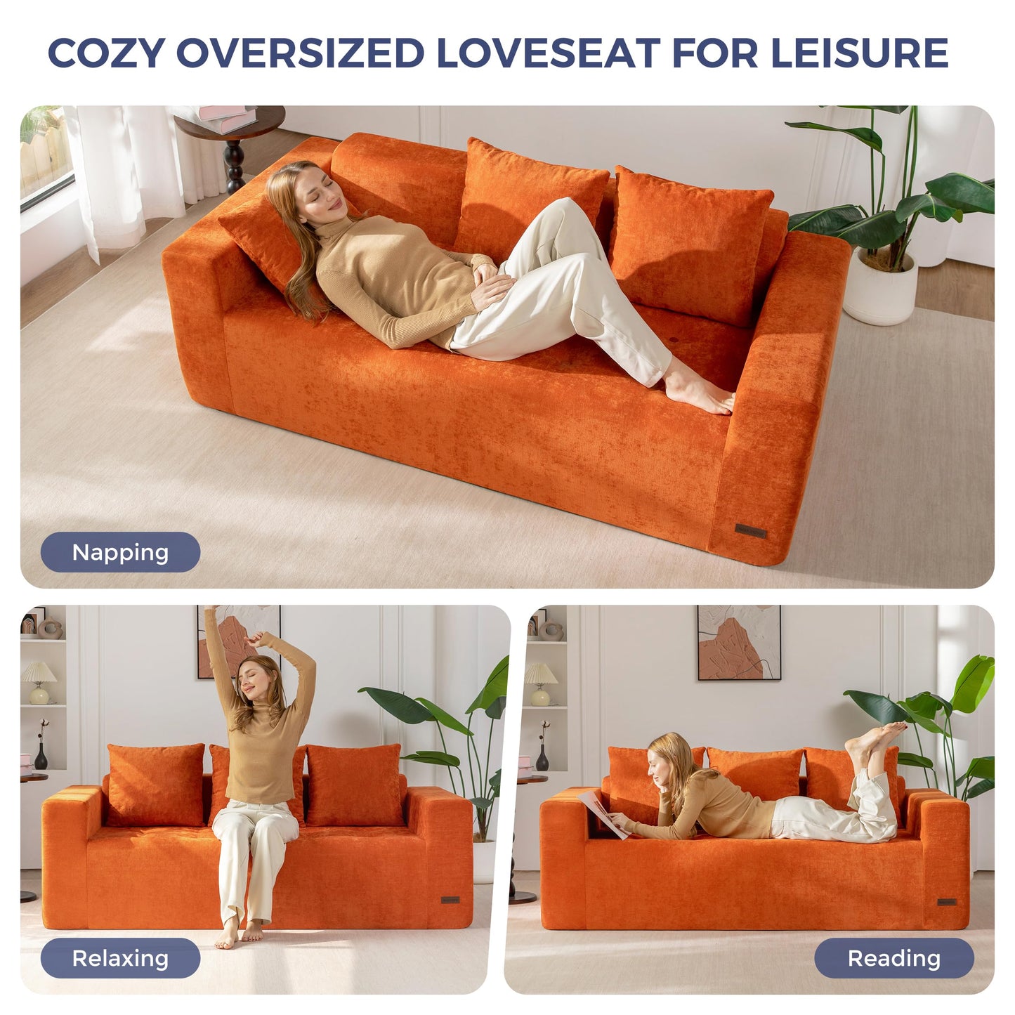 MAXYOYO Modular Sofa Couch, 75" Oversized Loveseat Boneless Cloud Couch with Deep Seat, Chenille Upholstered Living Room Comfy Sofa Chair for Living Room, No Assembly Required, Orange