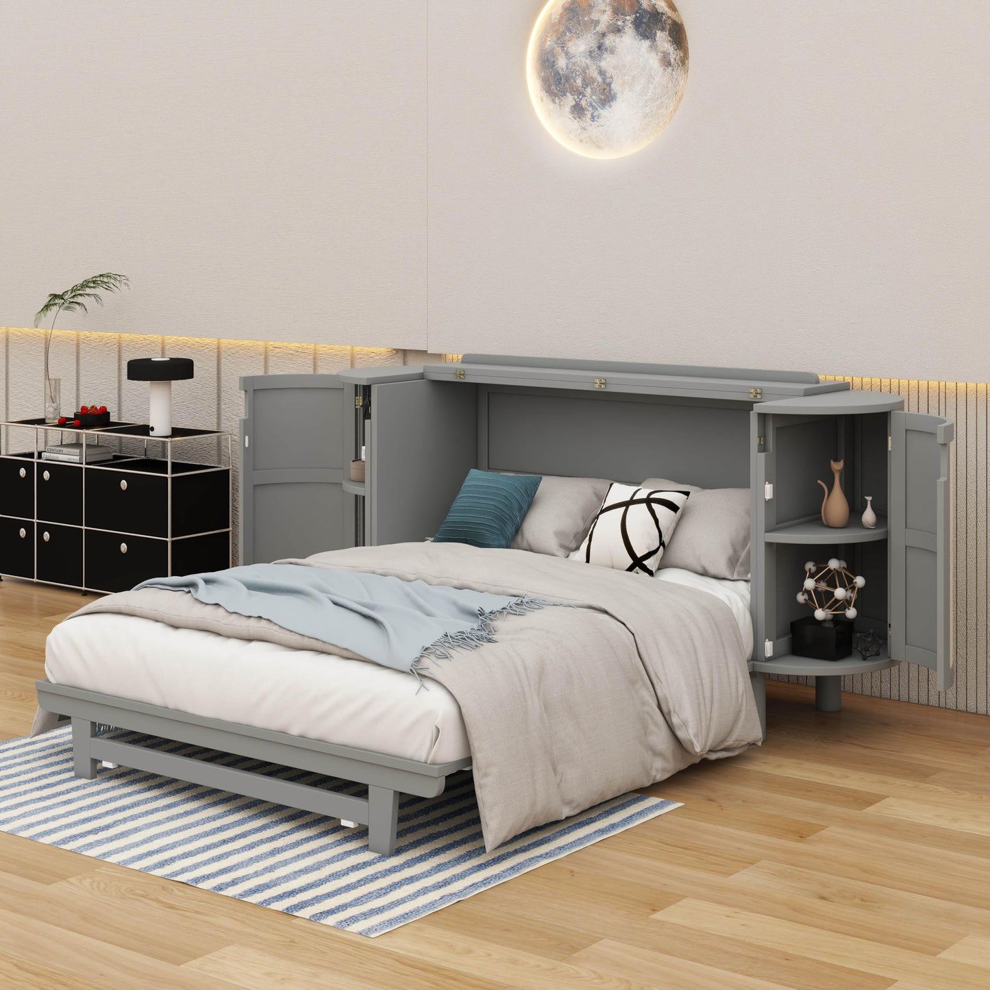 YunNianYang Murphy Bed with Hidden Storage & Modern Woven Design (Gray, Queen)