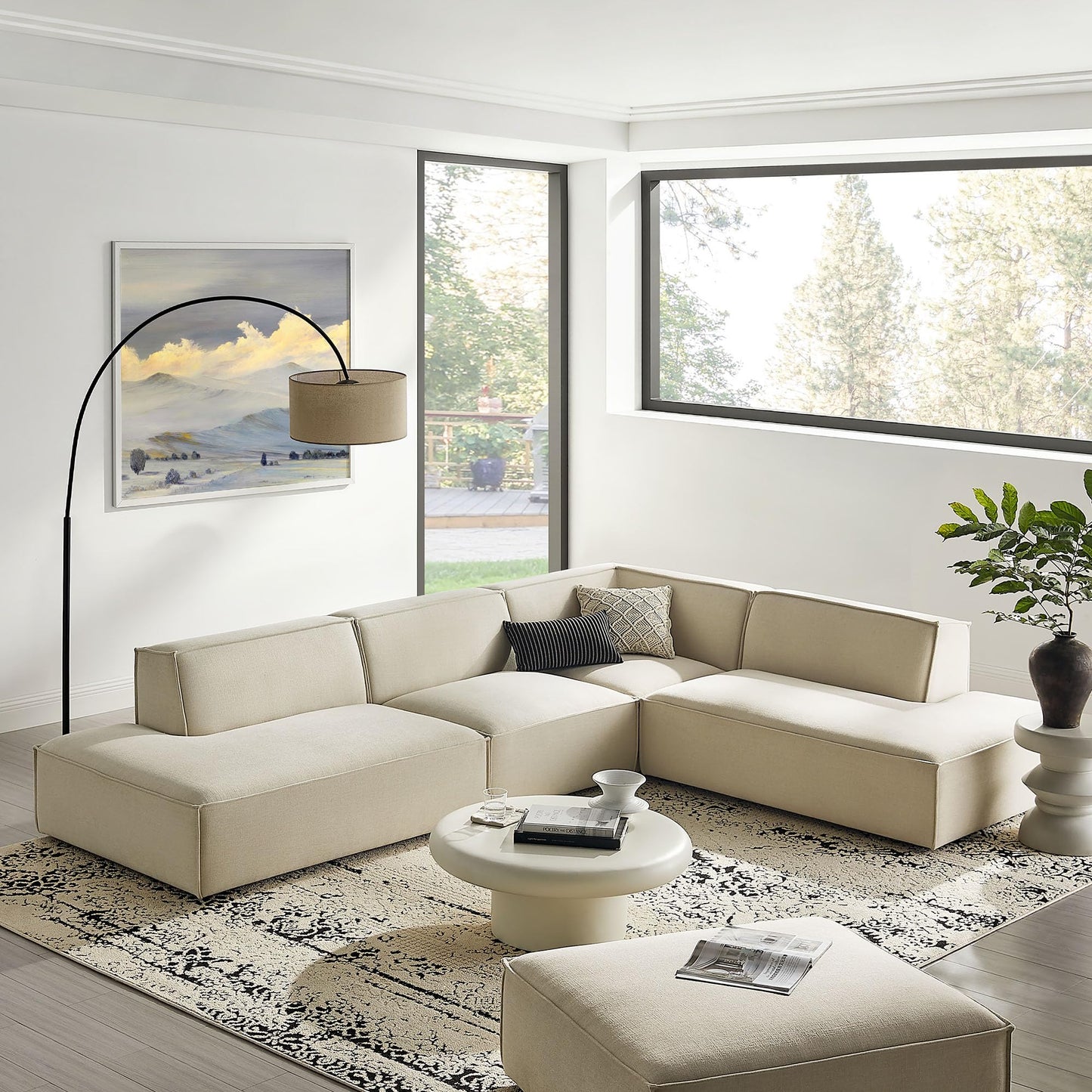 Modway Restore Performance Fabric Upholstered 4-Piece Modular L-Shaped Armless Sectional Sofa in Ecru – Low Profile Couch with Coil Seat Support and French Piping