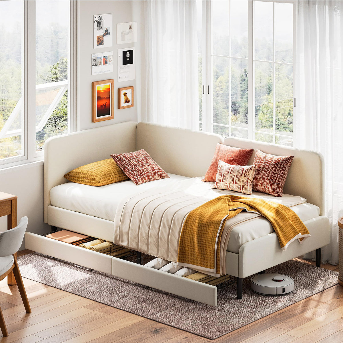 LIKIMIO Twin Daybed with Headboard, Corner Bed Frame with Bed Rails and Storage Drawers, Solid Support, for Bedroom Guest Room, Cream