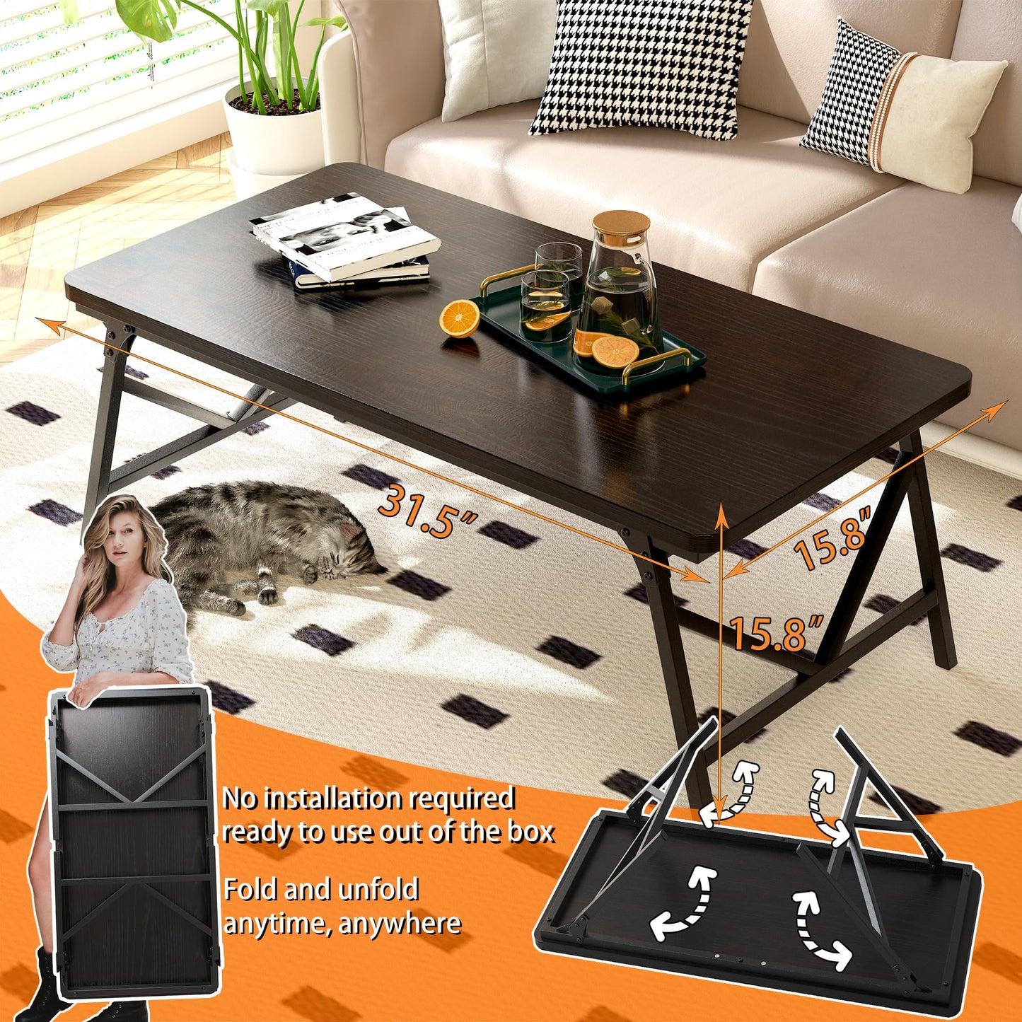 QUERNA Folding Coffee Table, No Assembly Low Coffee Table, Floor Table Desk for Sitting on The Floor, Portable Floor Table for Living Room, Home, Caravan and use, 31.5L‘ x 15.8W’ x 15.8H’