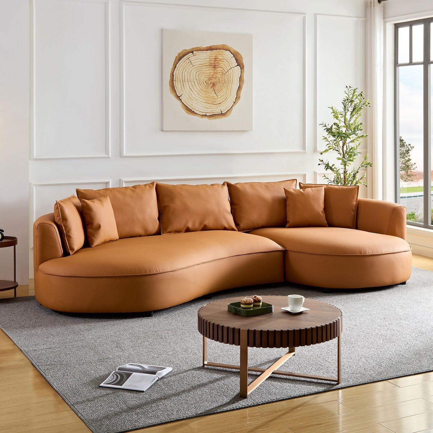 BBTJOINT Modern Curved Sofa for Living Room – Customizable Modular L-Shape Sectional with Semicircular Chaise, Faux Leather Upholstery, Minimalist Deep Seat, Orange