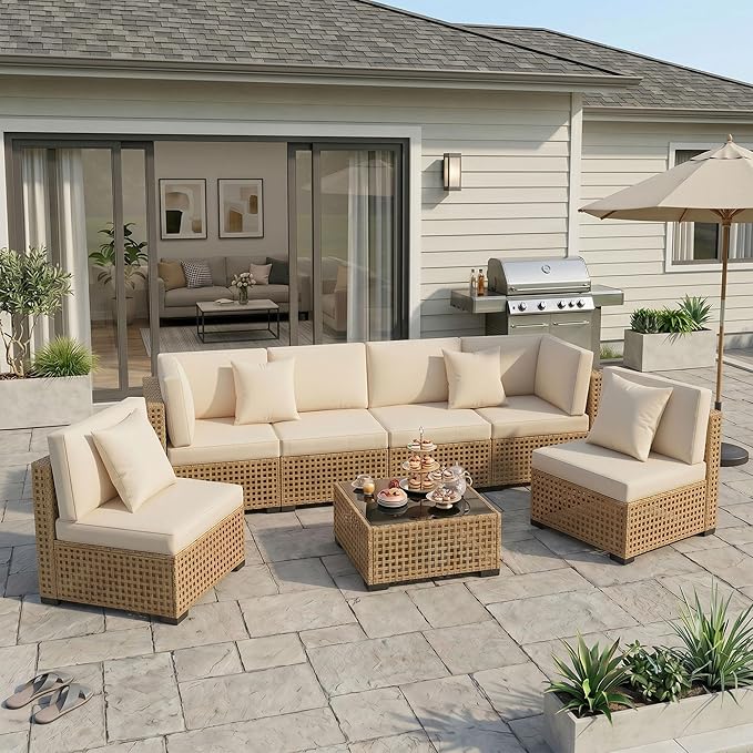 KIGOTY 7-Piece Patio Furniture Set, All-Weather PE Rattan Outdoor Sectional Sofa