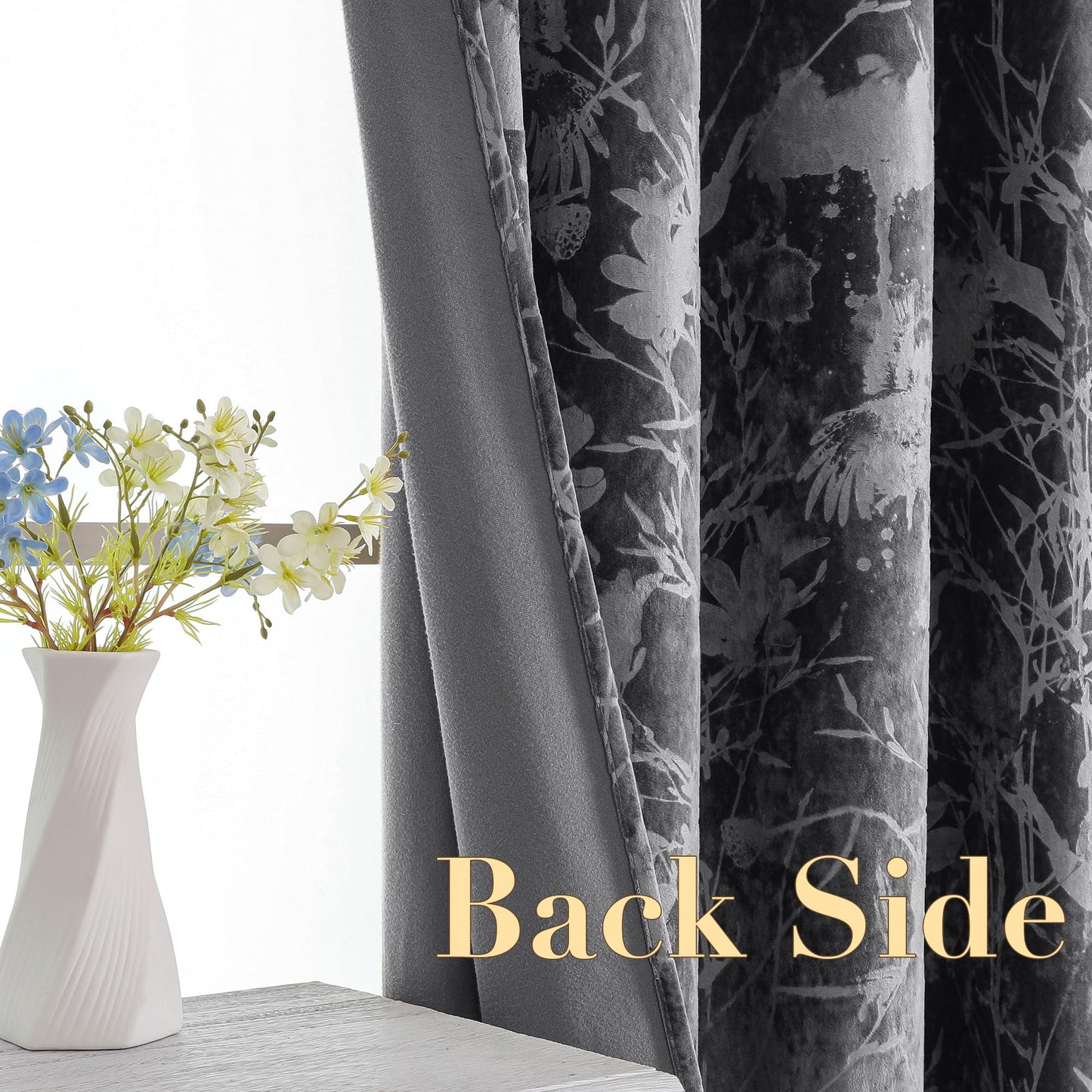 H.VERSAILTEX Luxury Velvet Curtains for Bedroom 108 Inches Length 2 Panels Thermal Birds and Lotus Floral Pattern Curtains for Living Room Boho Style Grommet Drapes for Theatre Hall, Dark Gray
