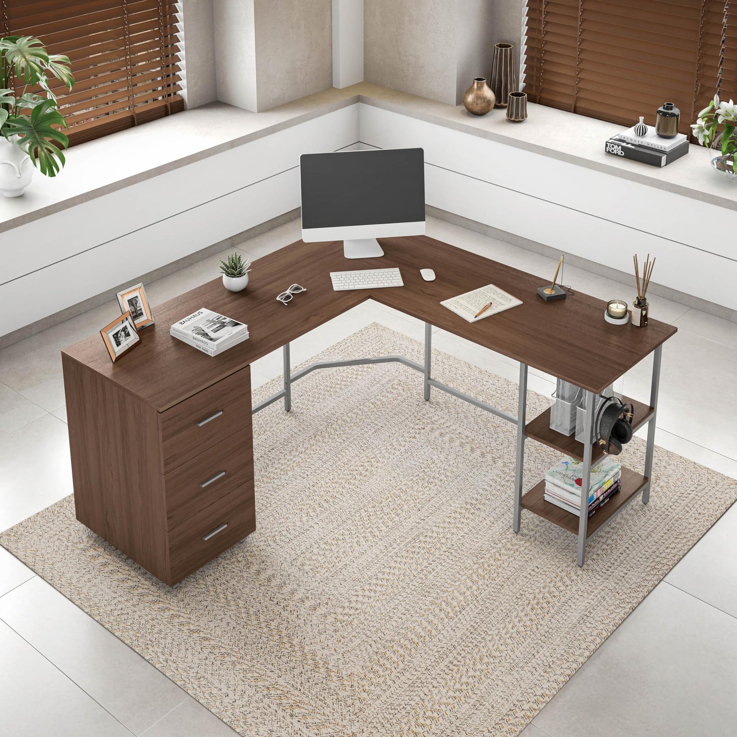 Techni Mobili L Shaped Desk - Two-Toned Computer Desk with Drawers & Storage Shelves - Simple Modern Furniture & Home Office Space Corner Table for Work & Writing