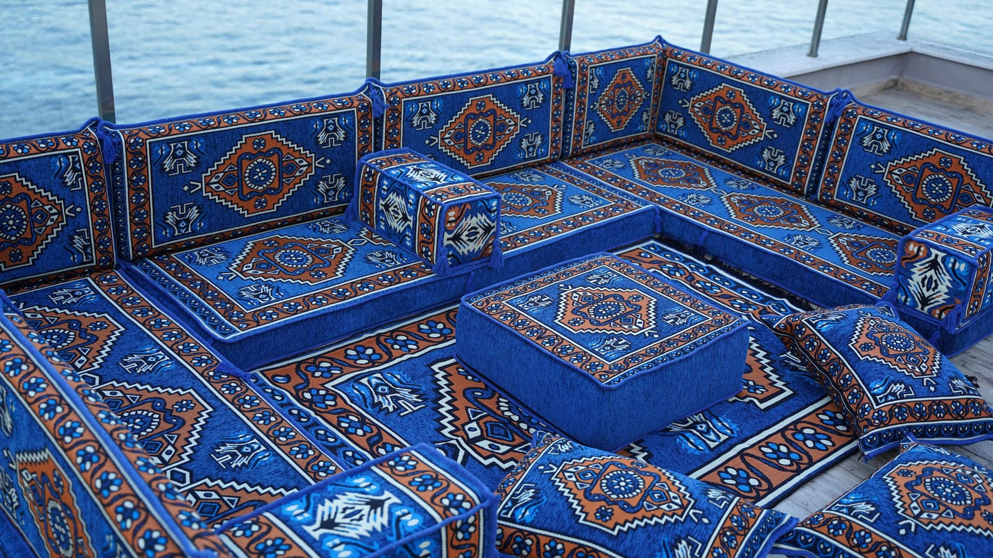 arabicsofa Blue Middle Eastern Moroccan Majlis – U Shaped Oriental Floor Seating Jalsa Modular Sofa