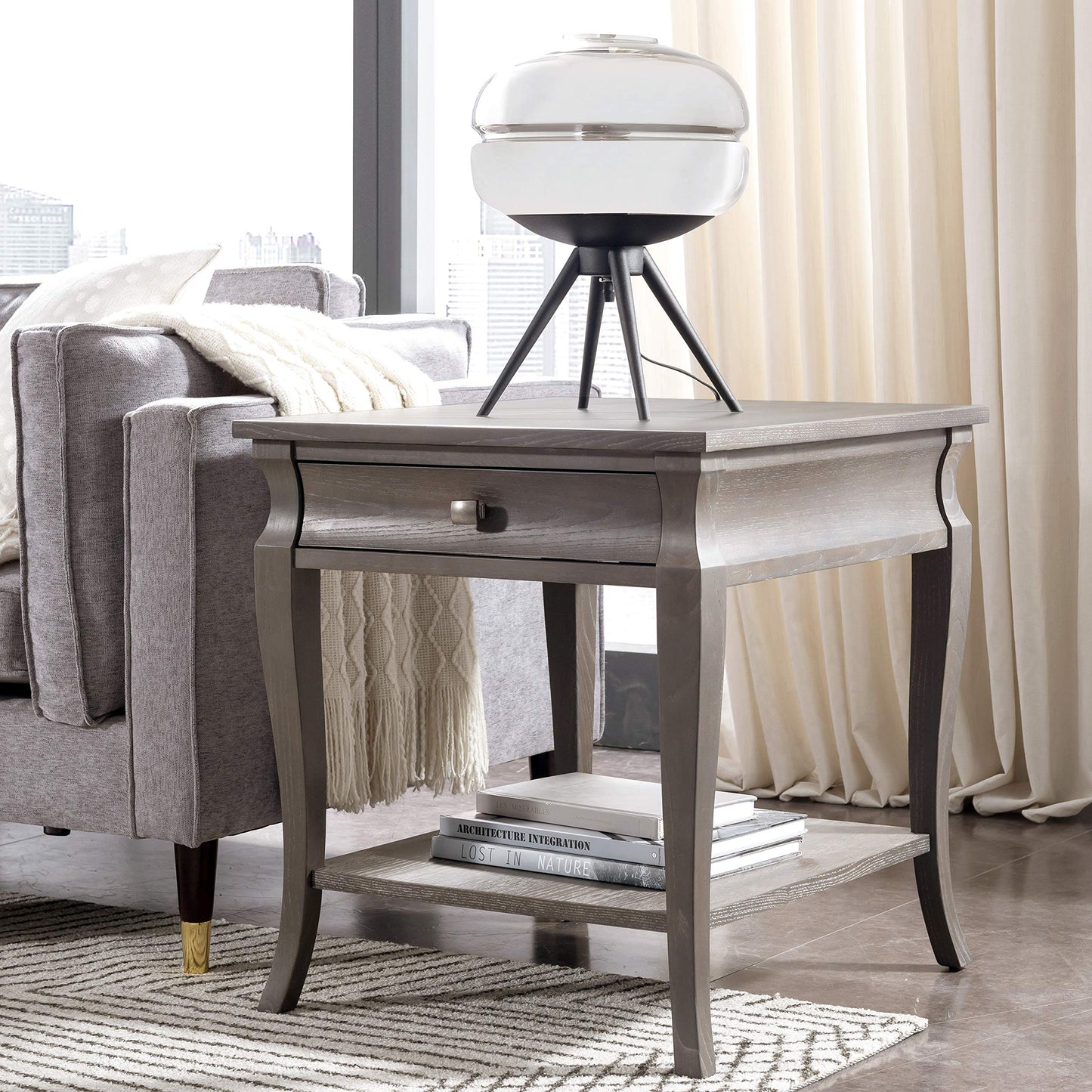 Leick Home 11607-GW Luna One Drawer Side Table and Shelf, Gray Wash