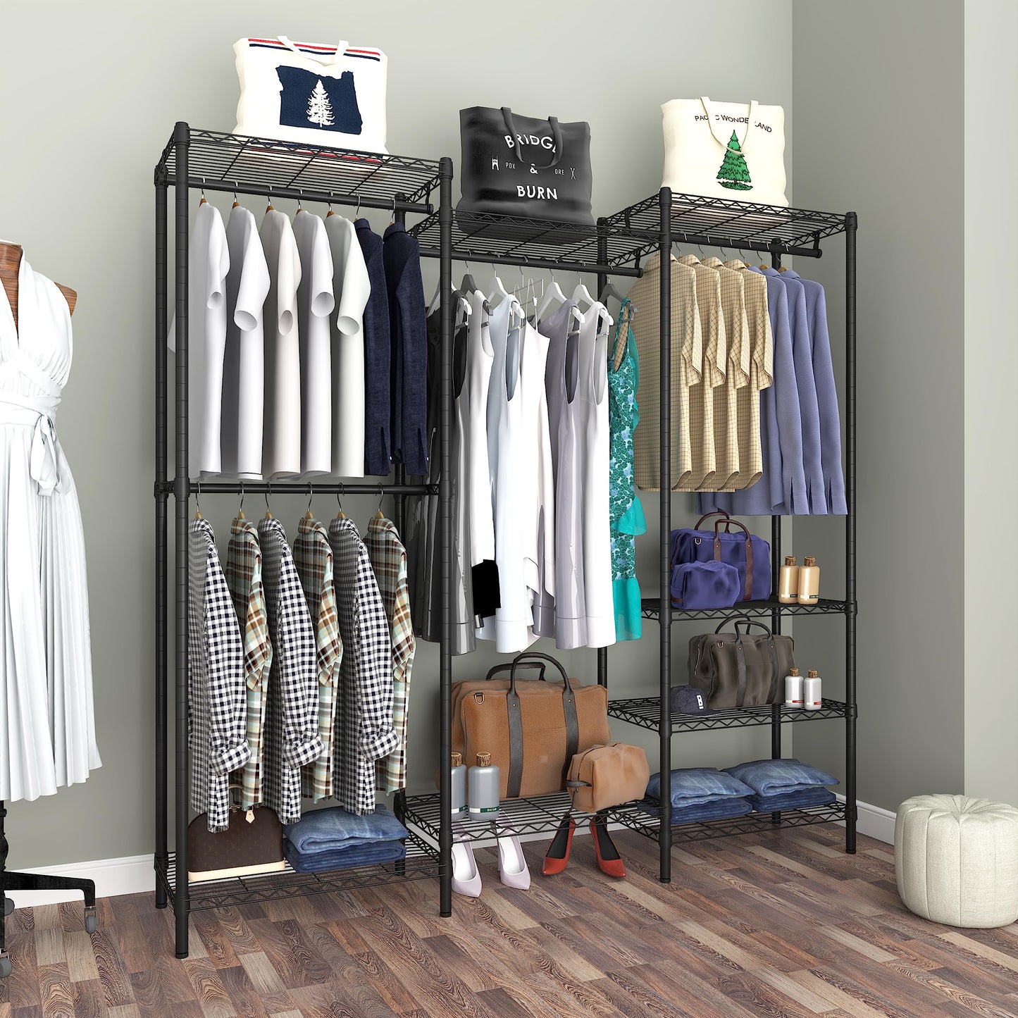 Serxis Portable Closet Clothes Rack, Freestanding Clothing Rack, Metal Garment Rack,Adjustable Custom Closet Rack, 56.7" L x 13.8" W x 75.2" H, Max Load 700LBS, Small(Black)