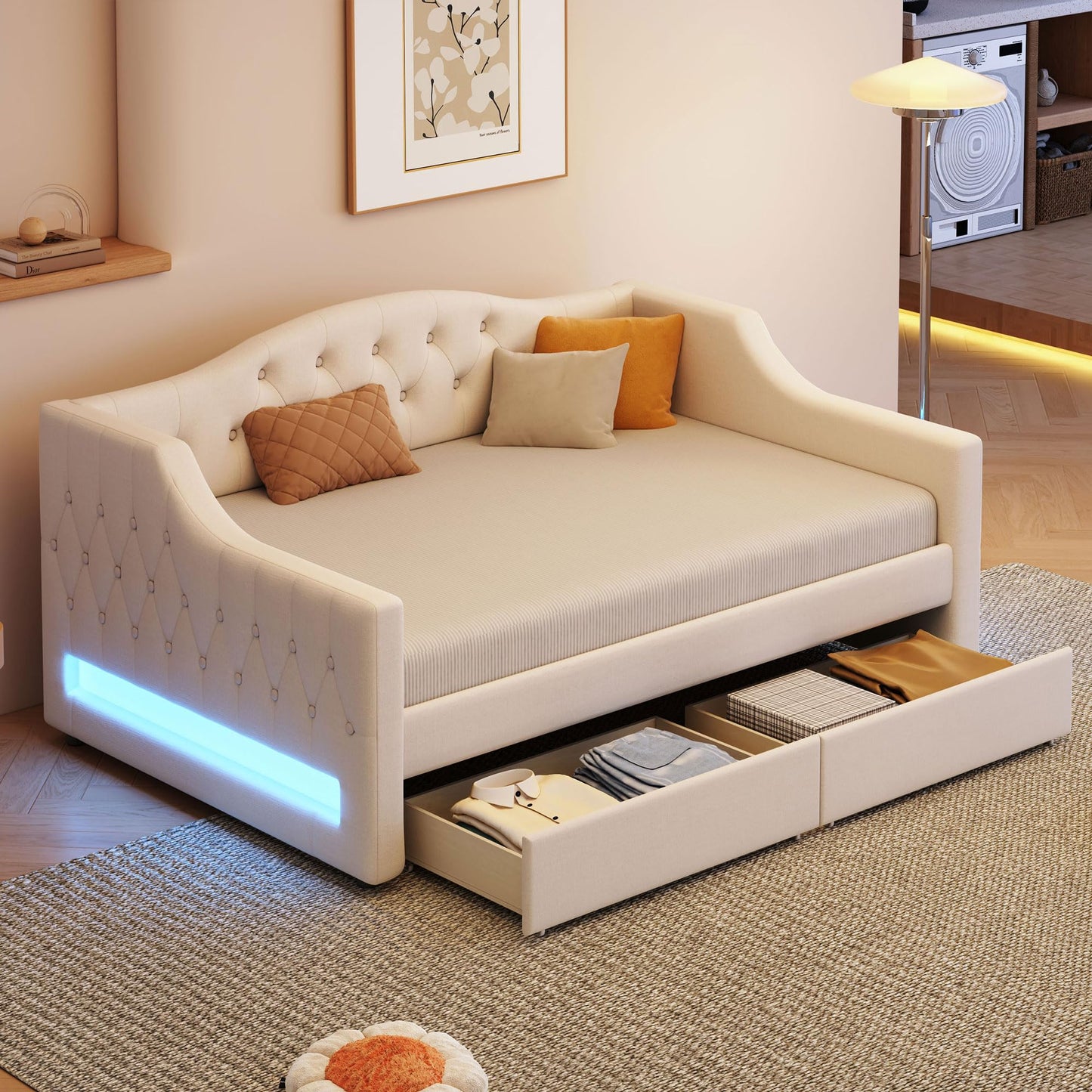 Ball & Cast Twin XL Size Daybed with Storage Drawers and LED Light, Linen Upholstered Day Bed Frame with Solid Wood Slats for Guest Room,Apartment,No Spring Box Needed, Easy Assembly,Beige