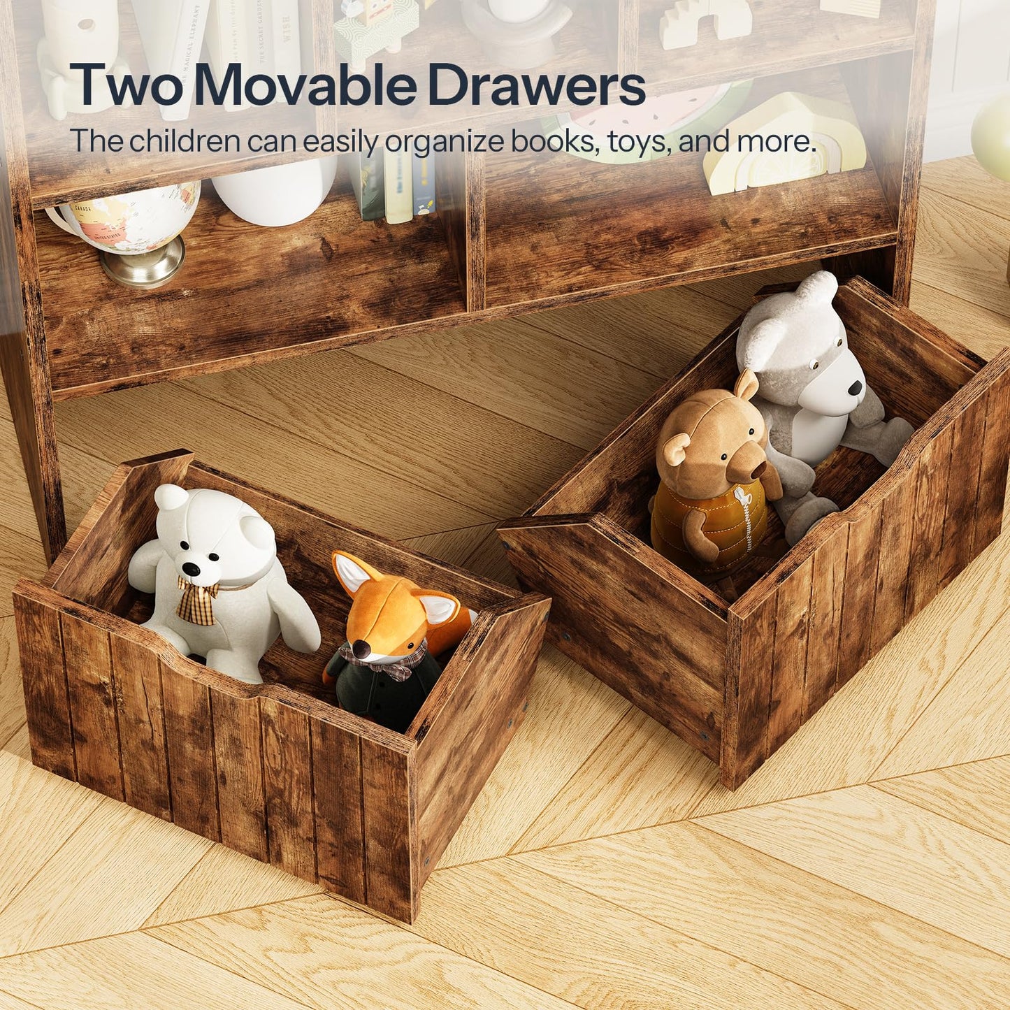 HOOBRO Toy Storage Organizer, Toy Organizers and Storage with 2 Movable Drawers and 5 Cubbies, Toy Chest Shelf for Books or Dolls, Kids Bookshelf and Toy Storage for Playroom, Rustic Brown BF88CW01