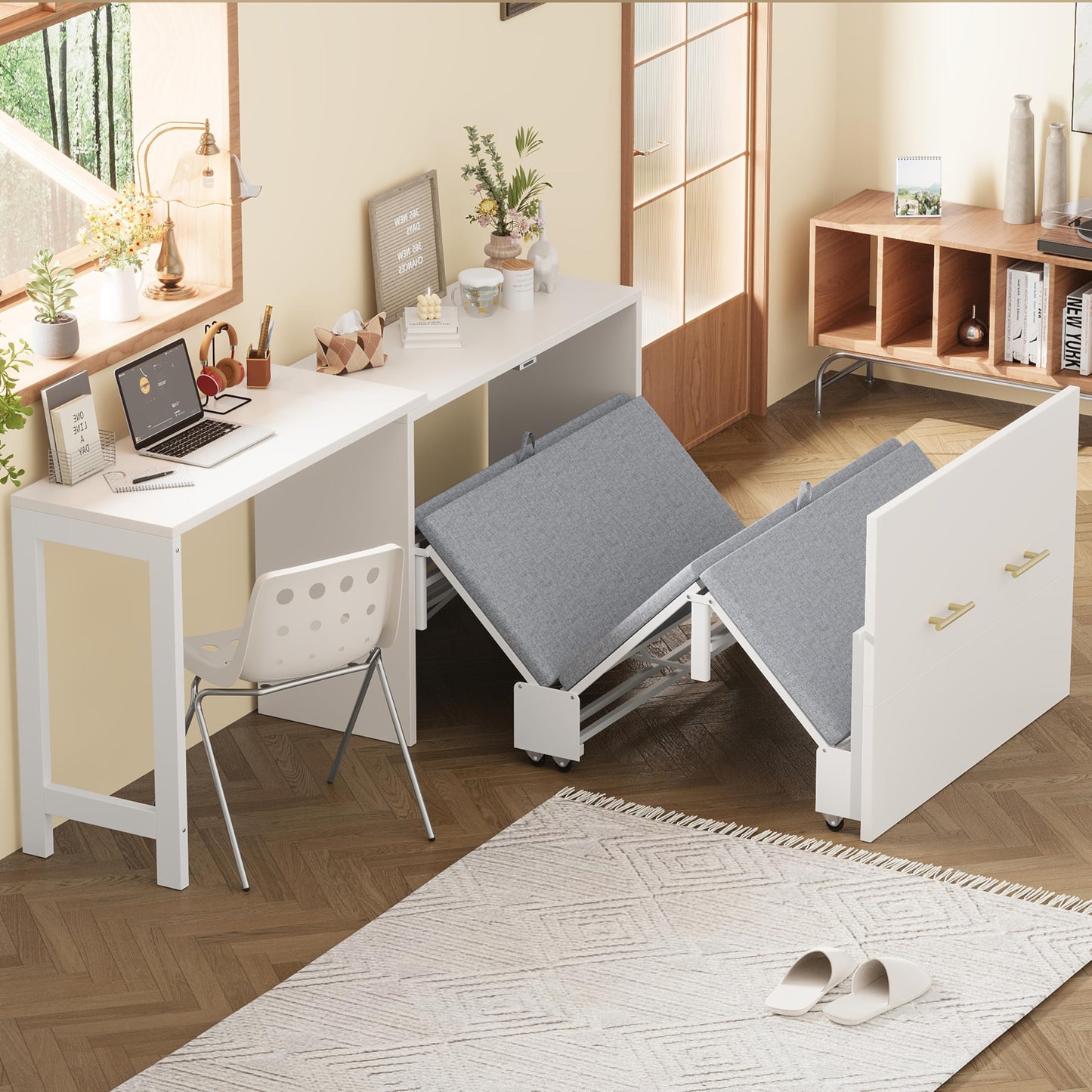 HECATEVIC Twin Size Murphy Bed with Desk, Space Saving Wall Bed with Foldable Mattress, Sturdy Metal Frame, for Bedroom, Apartment, Guest Room, Home Office, White