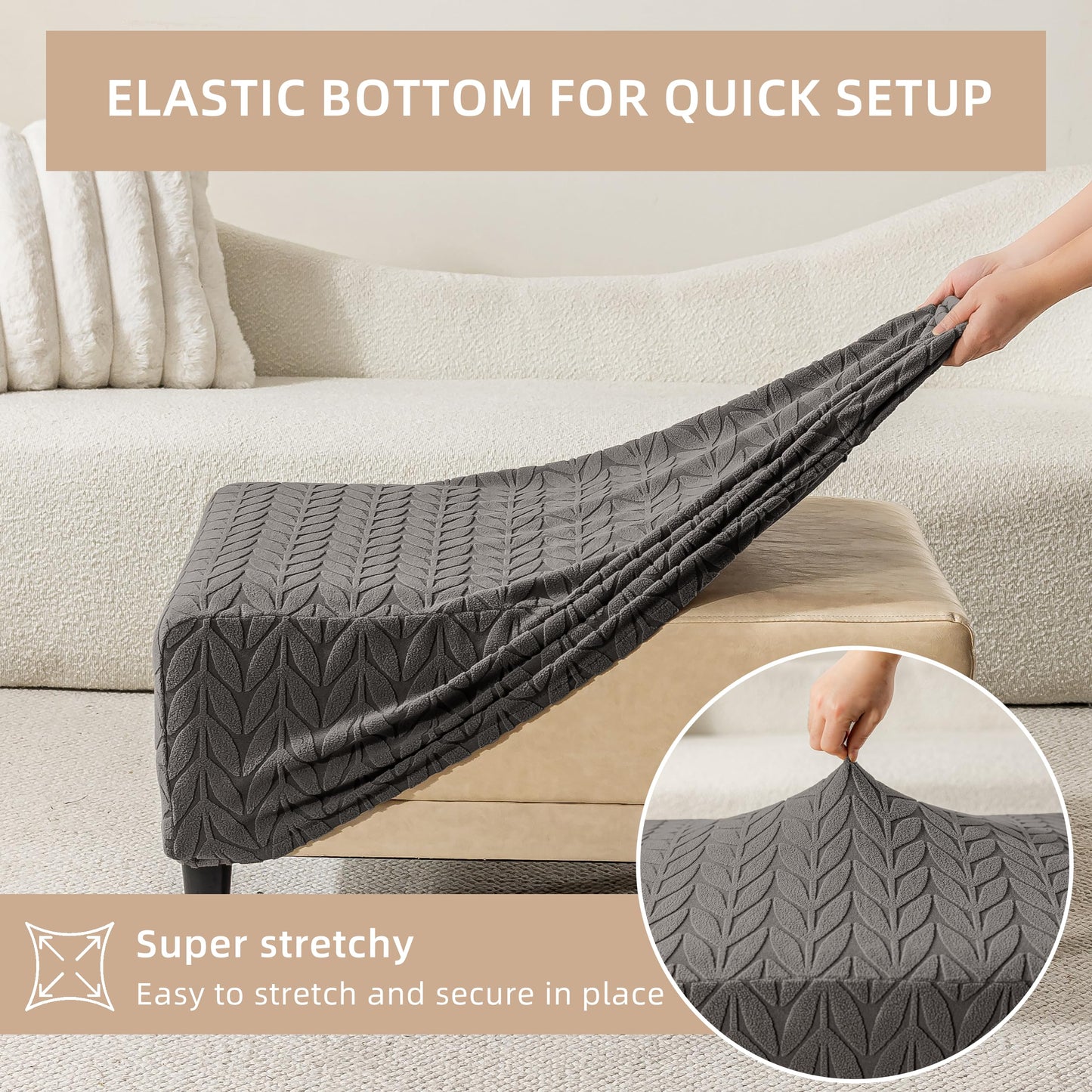 KaviKon Ottoman Cover Slipcover Rectangle Fit Length 25"-30" Stretch Foot Stool Slip Cover, Footrest Slipcovers Protector with Elastic Band, Ottoman Cover Removable Washable(Small,Herringbone Grey)