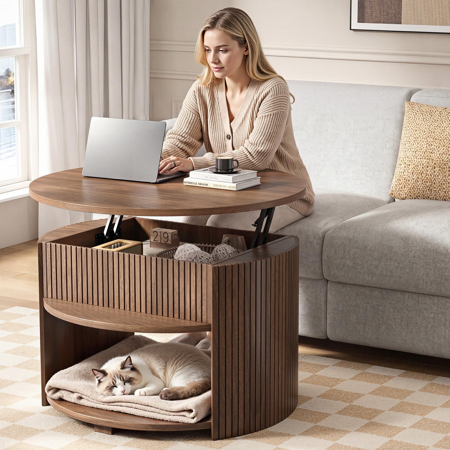 Decofy Round Lift Top Coffee Table with Storage, Fluted Mid-Century Modern Coffee Tables for Living Room, with Hidden Compartment & Open Shelves, for Small Spaces & Home Office(31.5" Walnut)