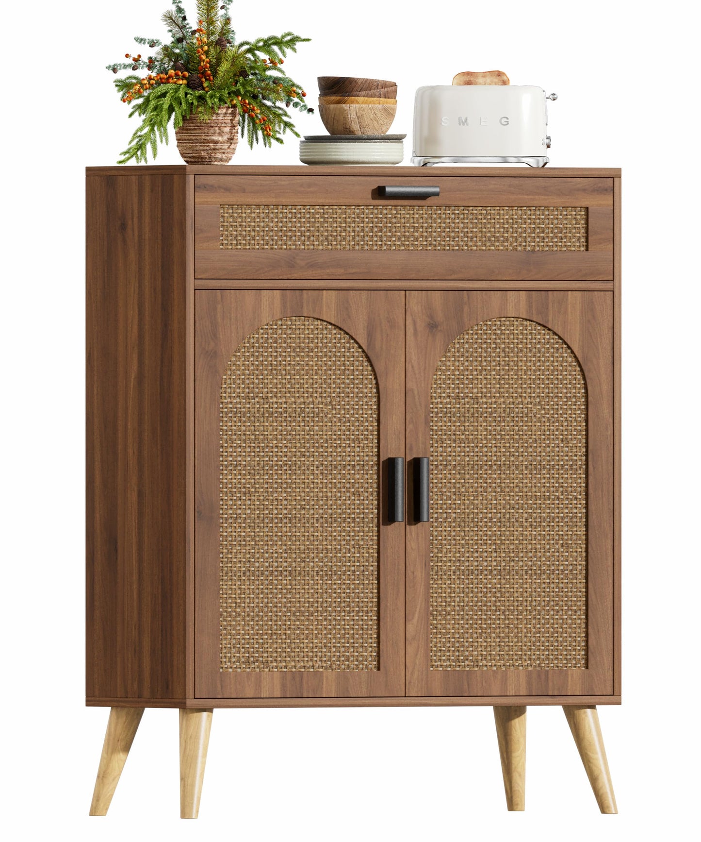 Kaiershi Rattan Buffet Cabinet with Storage, Sideboard with Drawer & Adjustable Shelf, Accent Kitchen Floor Storage Cabinet with 2 Doors & Solid Wood Feet, Coffee Bar for Living Room, Entryway, Walnut