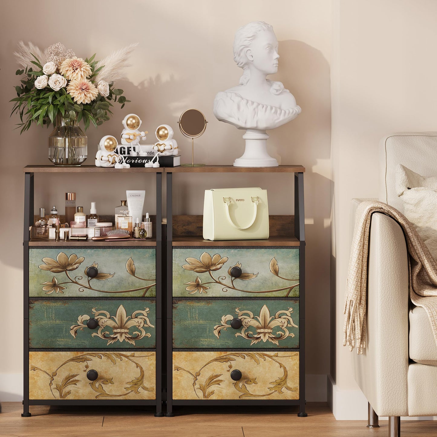 Tohomeor Dresser with Fabric Drawers Nightstand with 2 Tier Shelf Storage Tower for Bedroom Hallway Entryway Closet Organizer Sofa Beside Table Furniture (Multi, 3 Drawers)