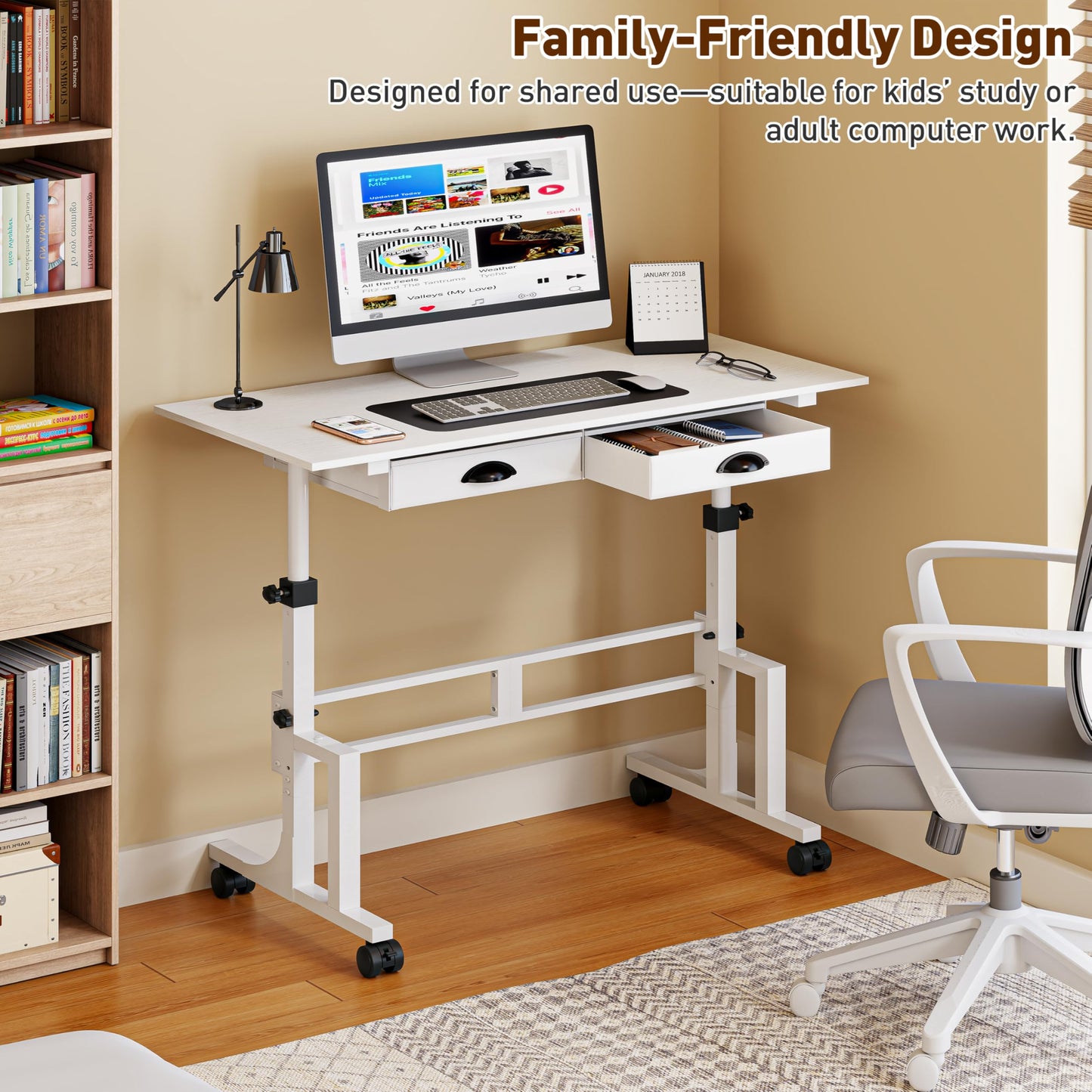 Height Adjustable Standing Desk with 2 Drawers, Small Sit Stand Up Desk with Wheels, Portable Rolling Desk for Walking Pad Treadmill, Computer Office, Adjustable 31.5"-43.3", White, Upgraded Stable