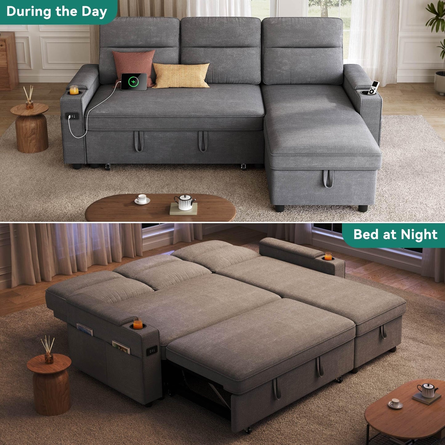YITAHOME Sectional Sleeper Sofa with Pull Out Couch Bed, 81" Convertible Sleeper Sofa with Adjustable Backrest, Sofa Bed Sleeper Couch with Armrest & USB Port, Grey