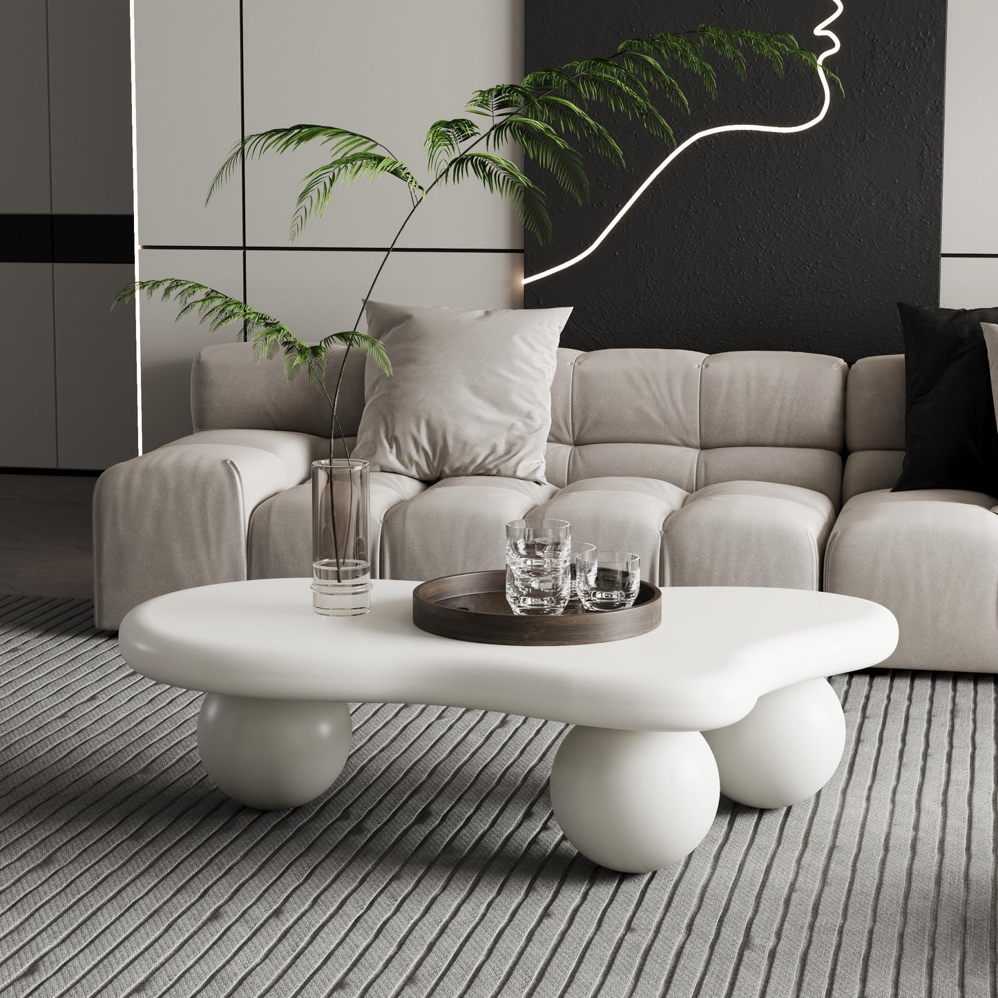 KEIKI 40" Cloud Shaped Coffee Table with 3 Ball Legs, Low Modern Wooden Coffee Table for Living Room, Office, or Small Spaces, Cream White