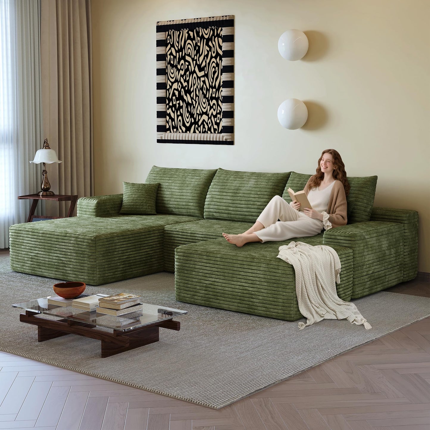 37.4 Inch Oversized Ottoman for Couch, Corduroy Upholstered Footrest with Compressed Memory Foam, Modular Sectional Cloud Pouf, No Assembly Required, DIY Combination, Green