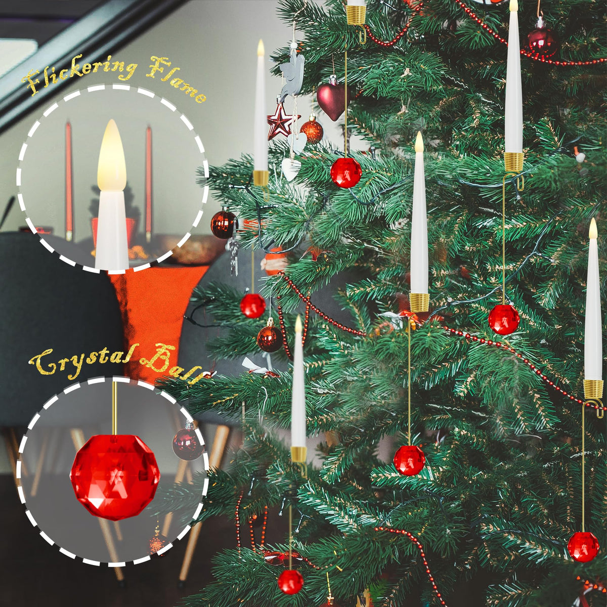 JOIONE Flameless Christmas Tree Candles with Remote, 12 Pack Battery Operated LED Candles for Christmas Tree Flickering Flame for Xmas Indoor Decor - Glass Red Crystal Ball