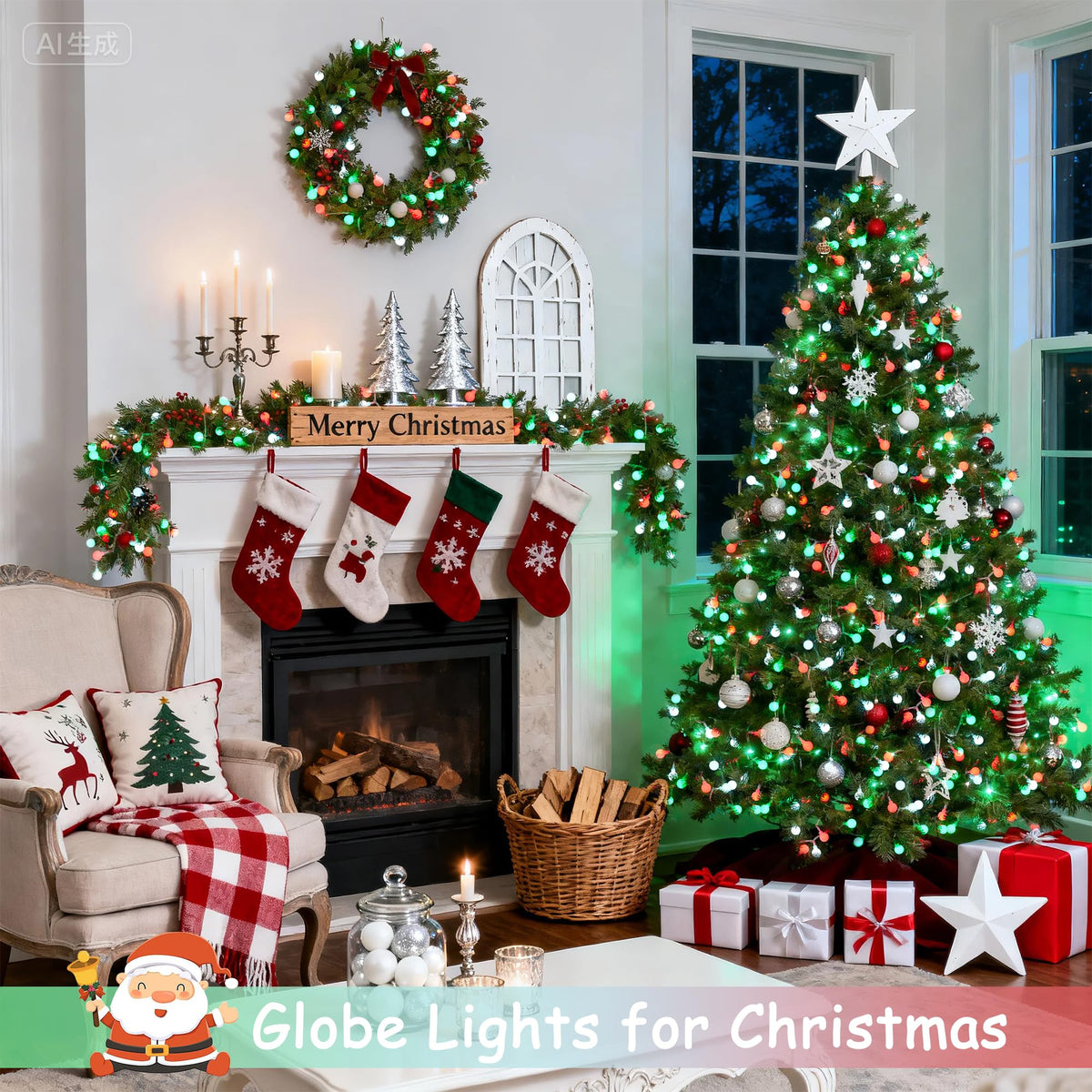 JMEXSUSS Globe String Lights, Red White and Green Christmas Lights，100 LED Plug