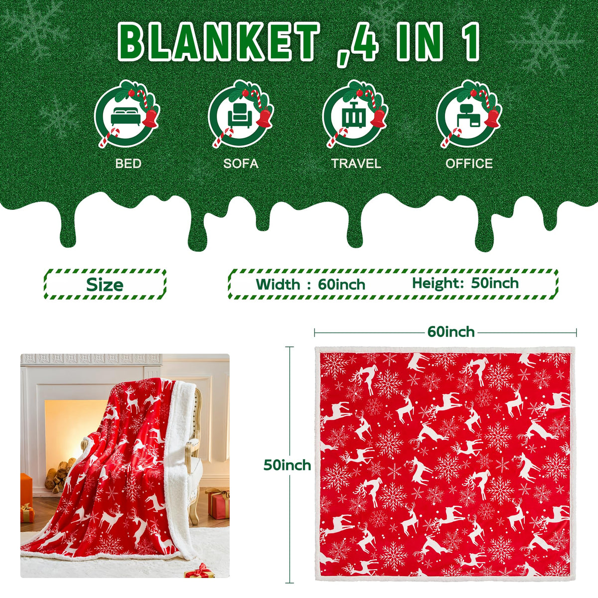 NORD ECO Christmas Throw Blanket, Christmas Decorations Gifts for Women, Sherpa Flannel Fleece Winter Holiday Blanket, Fluffy Cozy Soft Christams Throws for Couch Sofa Bed, Reindeer Stars, 50" X 60"