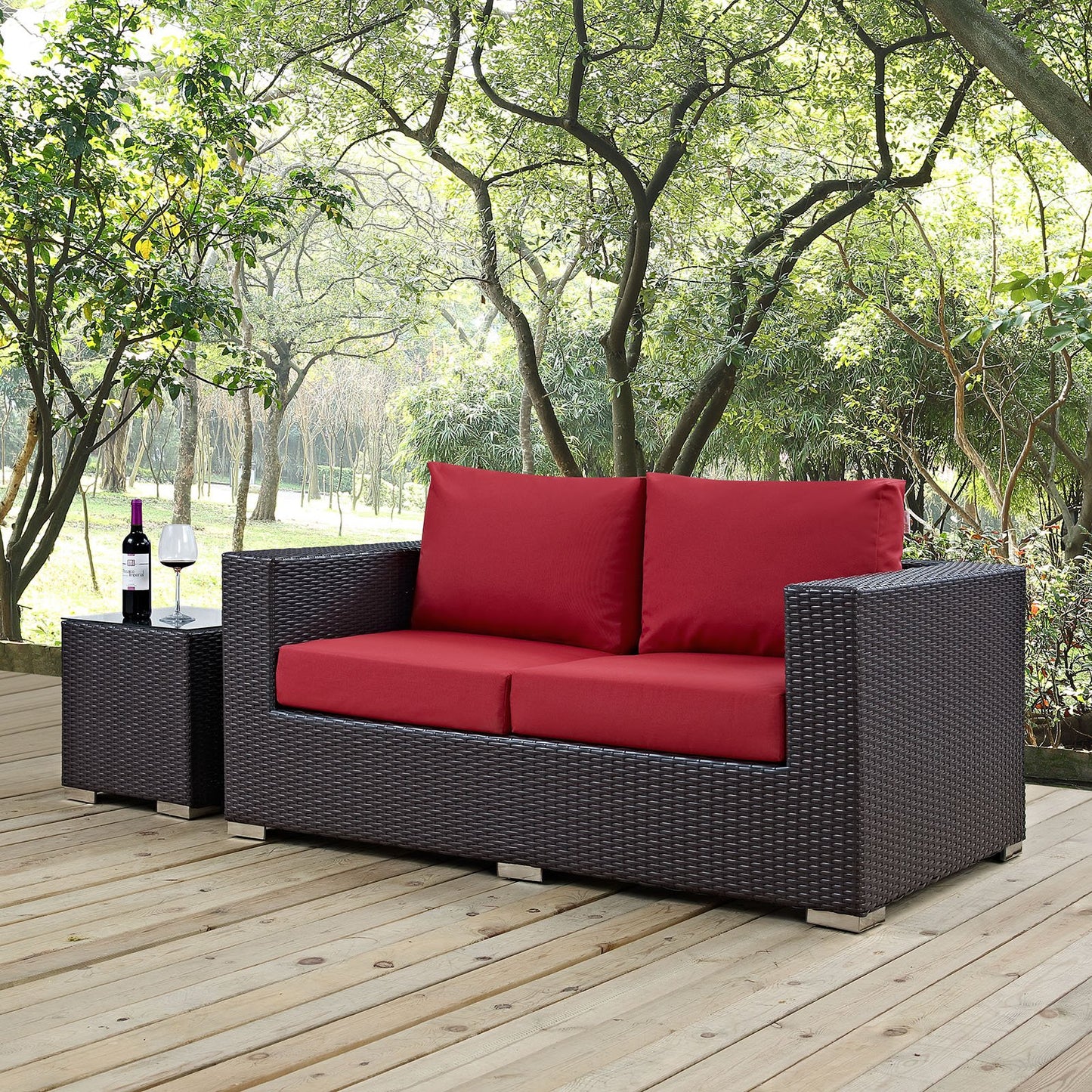 Modway Convene Wicker Rattan Outdoor Patio Loveseat with Cushions in Espresso Red