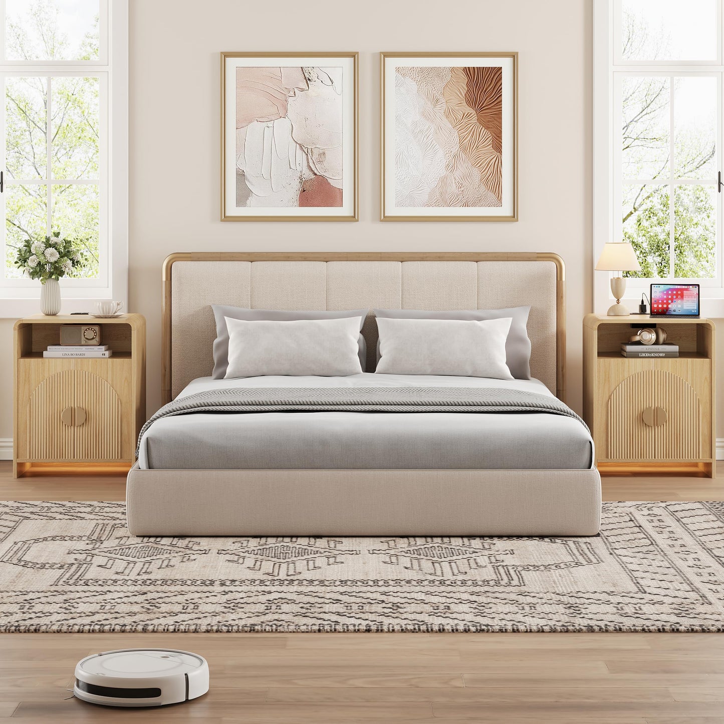 Nightstand with Charging Station and LED Lights, Night Stands with Adjustable Storage Cabinet, Modern Side Table with Fluted Doors and Open Storage, Bedside Table for Bedroom, Natural