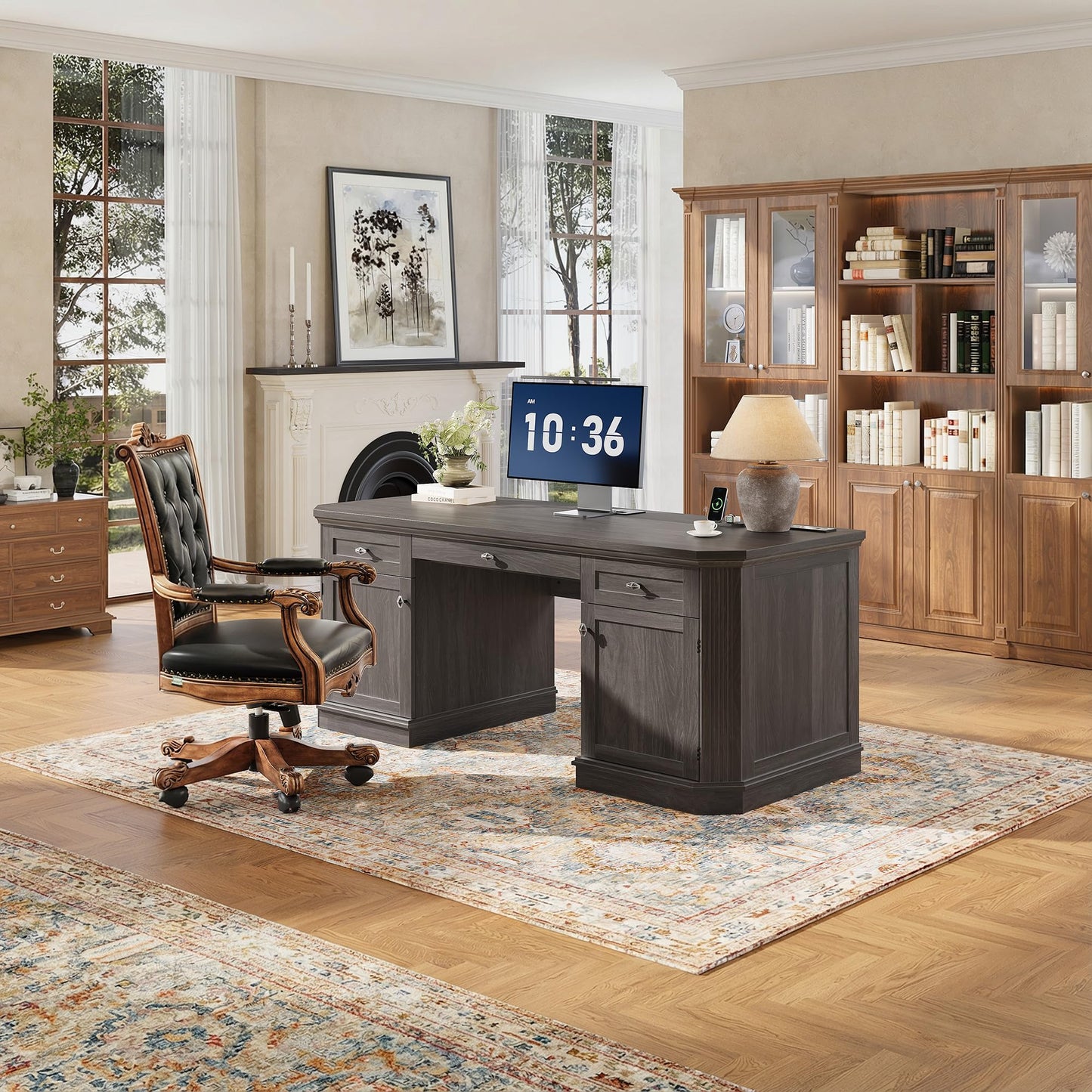 AMBERHAUS 59" Classic Executive Desk with Storage, Victorian Executive Desk with Charging Station, Keyboard Tray, 3 Drawers & 2 Cabinet Storage & 2 Pedestals, Easy Assembly, Black
