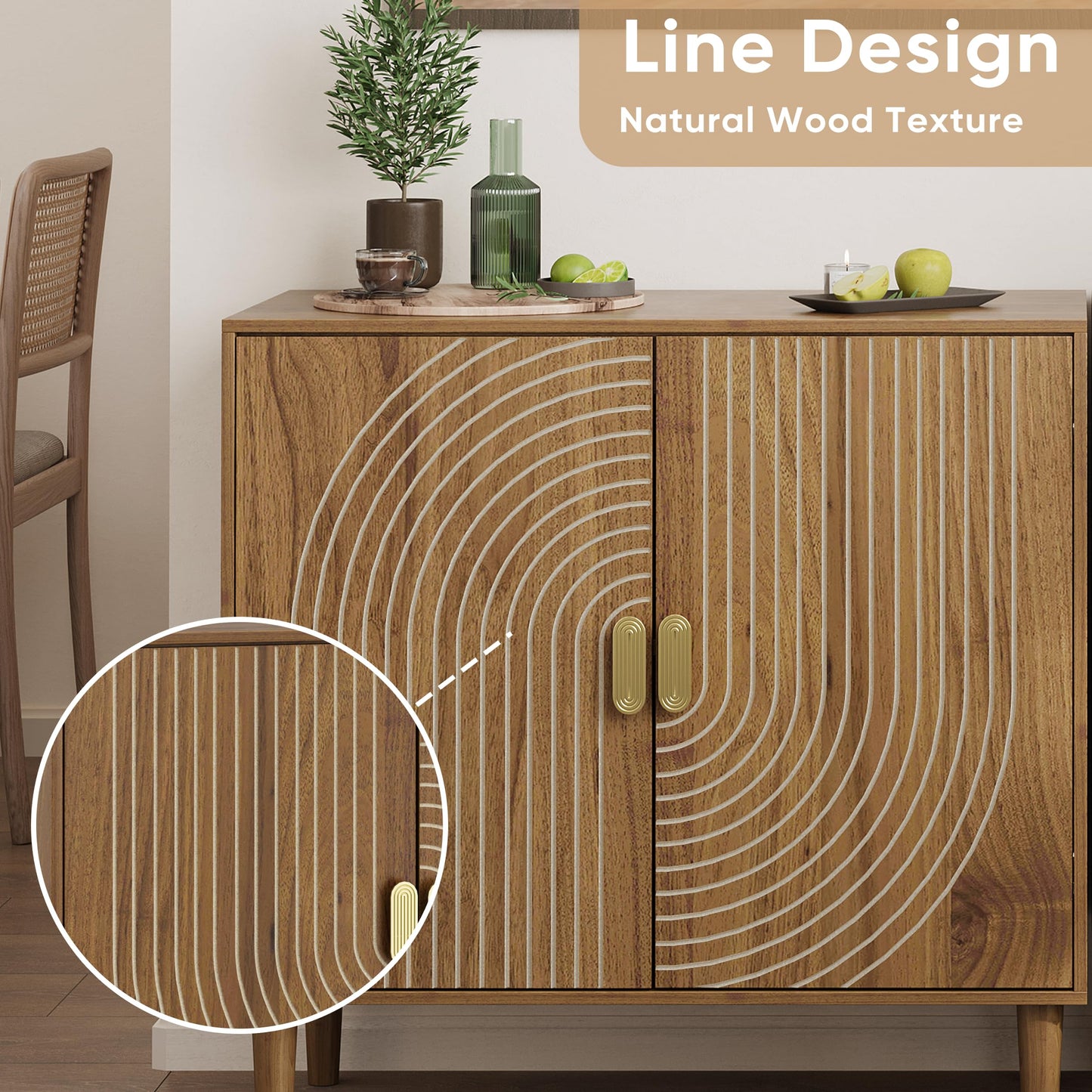 Smuxee Walnut Sideboard Cabinet, Freestanding Buffet Cabinet with Line Groove Design, Wood Storage Cabinet with Adjustable Shelf for Living Room, Entryway, Hallway