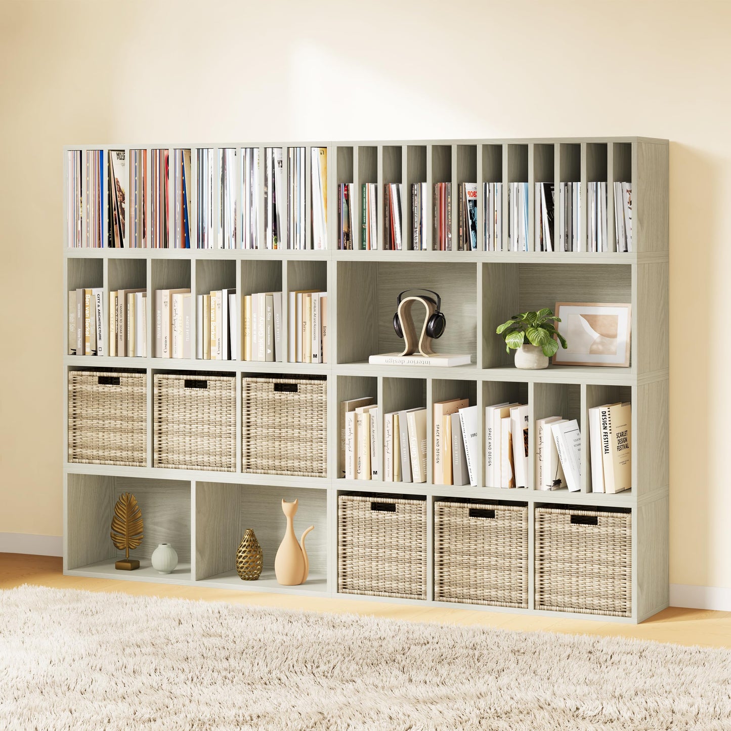 IOTXY DIY Modular Cube Bookcase - CubeXY Customizable Stackable Expandable Combination Set, 23-Cube Open Bookshelf for Books, Fabric Storage Bin, and 7/10-inch Vinyl Record Organizer, Oak