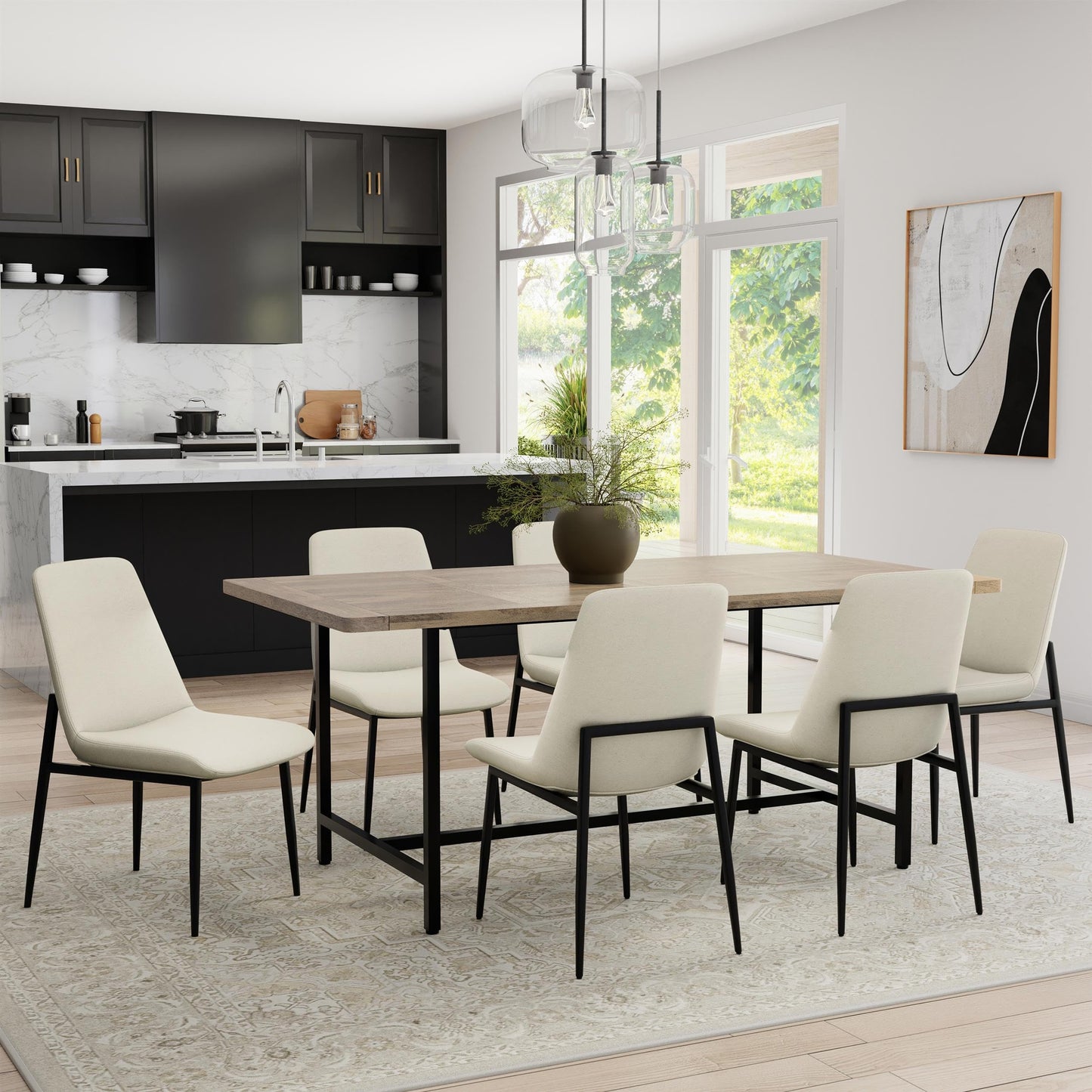 SIMPLIHOME Savannah Dining Chairs - Upholstered Black Metal Frame and Linen-Style Fabric Chair Set in Natural, Modern Dining Room Seating with Armless Ergonomic Design and Padded Seat (Set of 2)