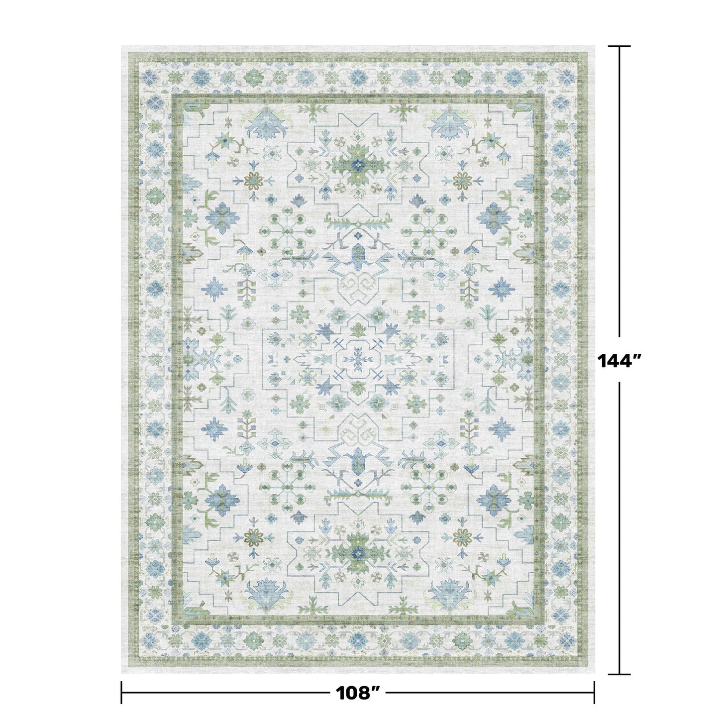 Green Area Rugs 9x12 Living Room - Washable Oriental Geometric, Extra Large for Bedroom Non Slip Soft Faux Wool Carpet for Dining Room Playroom, Lounge - Blue and Green Floral Rug