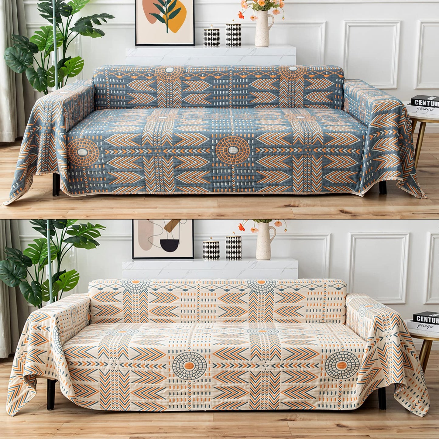 Osunnus Cotton Couch Cover Washable Boho Reversible Throw Sofa Cover Geometric Jacquard Multi-Use Furniture Protector for 2 Cushion Sectional L Shaped Sofa Bed Boho Home Decor, 79" x 102"