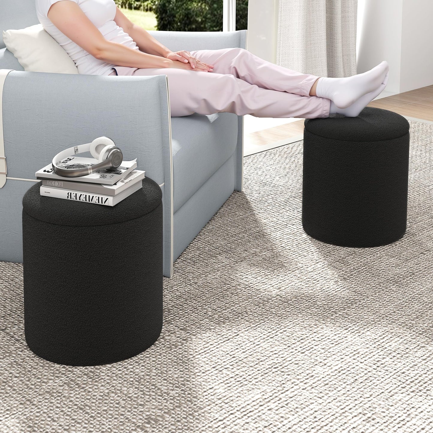 Cmishe Ottoman Poufs with Storage, Soft Upholstered Vanity Stool,Multifunctional Ottomans Coffee Table Padded Seat Foot Rest for Living（Black）